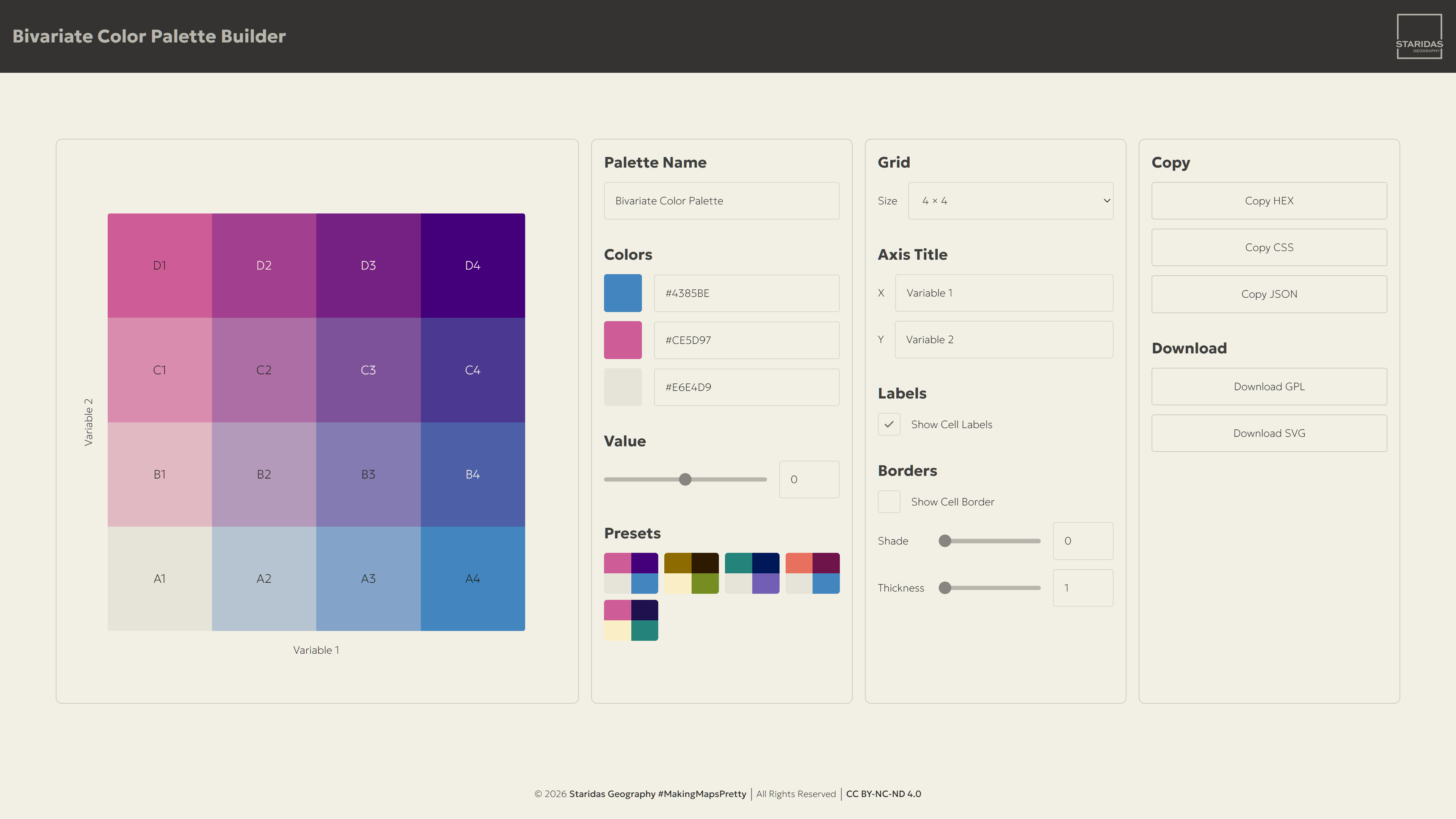 Screenshot of the Bivariate Color Palette Builder showing a 4x4 grid alongside panels for palette name, colors, grid layout, and export options.