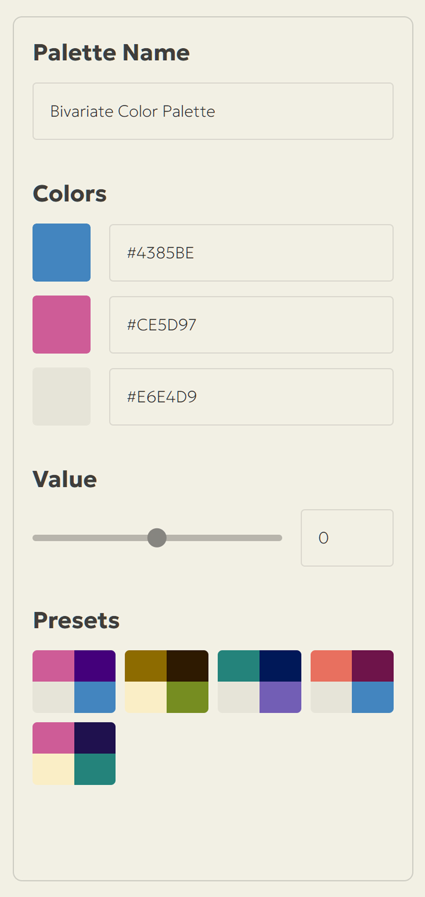 Screenshot of the Color Panel with a palette name field, three corner color pickers and hex codes, a value slider, and five preset thumbnails.