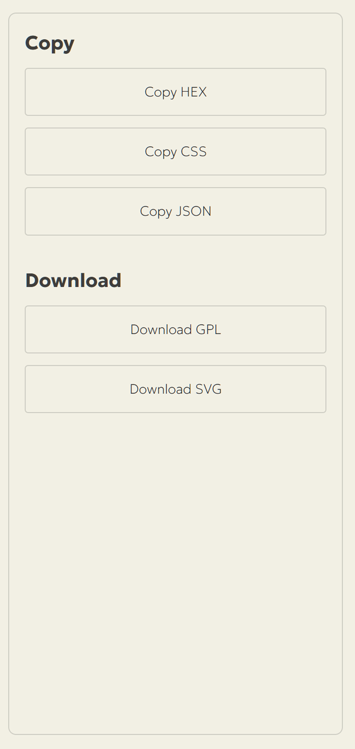Screenshot of the Export Panel with Copy HEX, Copy CSS, and Copy JSON buttons above Download GPL and Download SVG buttons.