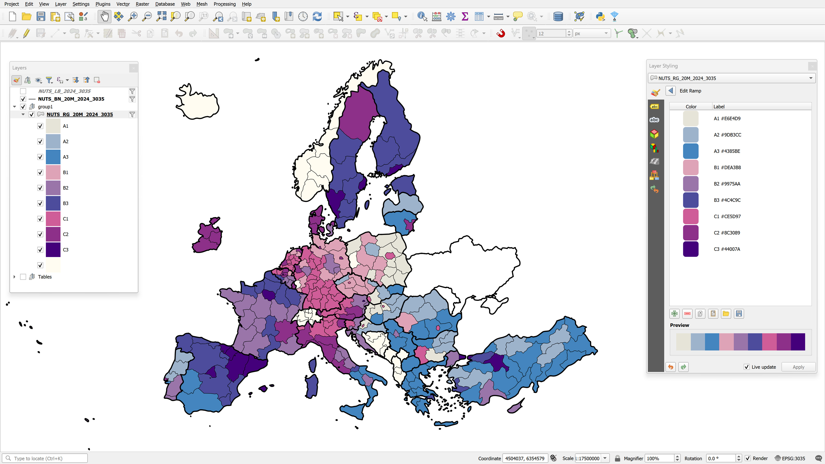 Screenshot of the QGIS Layer Styling panel showing a categorized color renderer with swatches and hex codes labeled A1 through C3, imported from a GPL file, next to the resulting map of Europe.