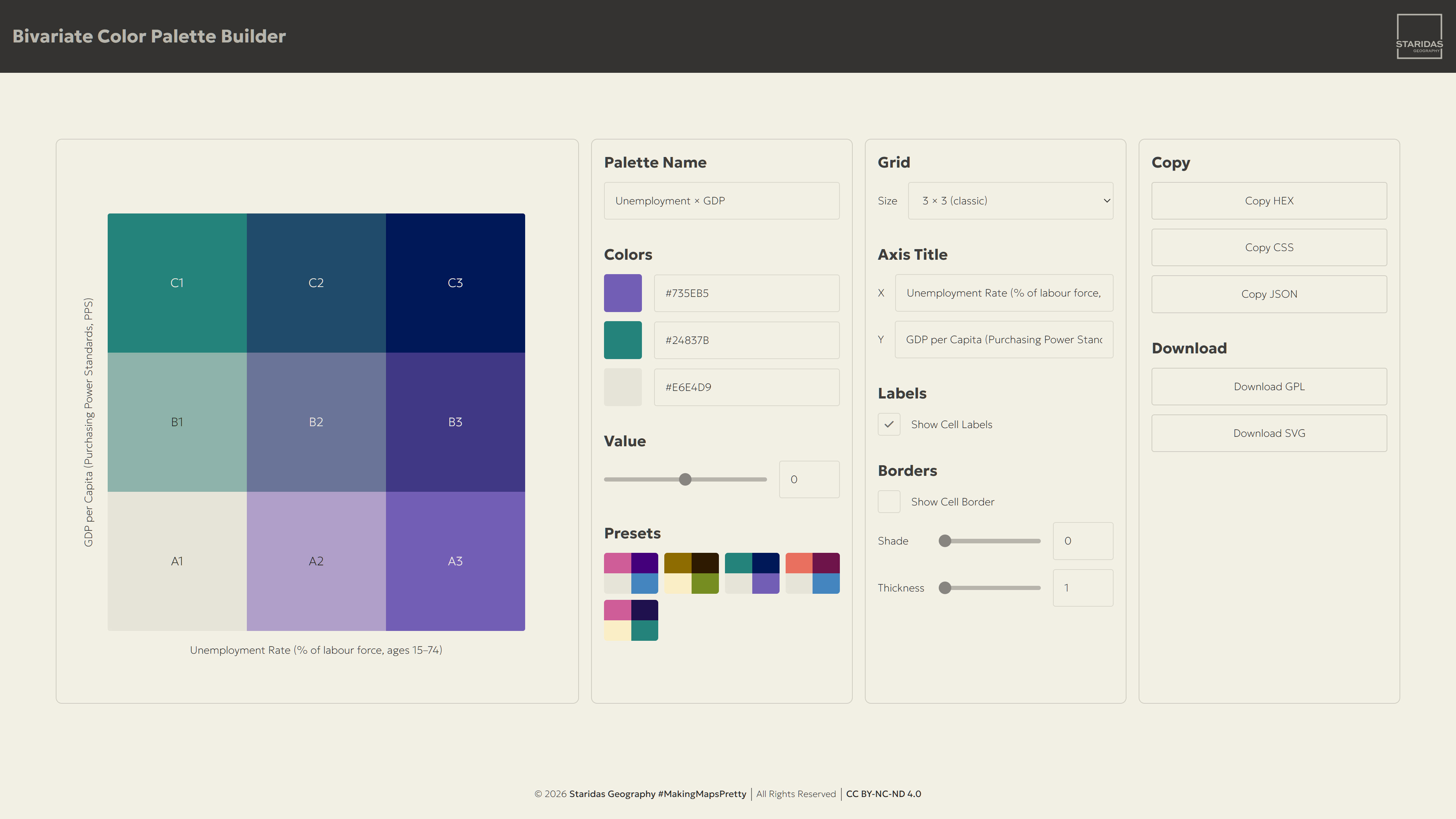 Screenshot of the builder with the Teal and Indigo preset applied on a 3x3 grid, palette named Unemployment times GDP.