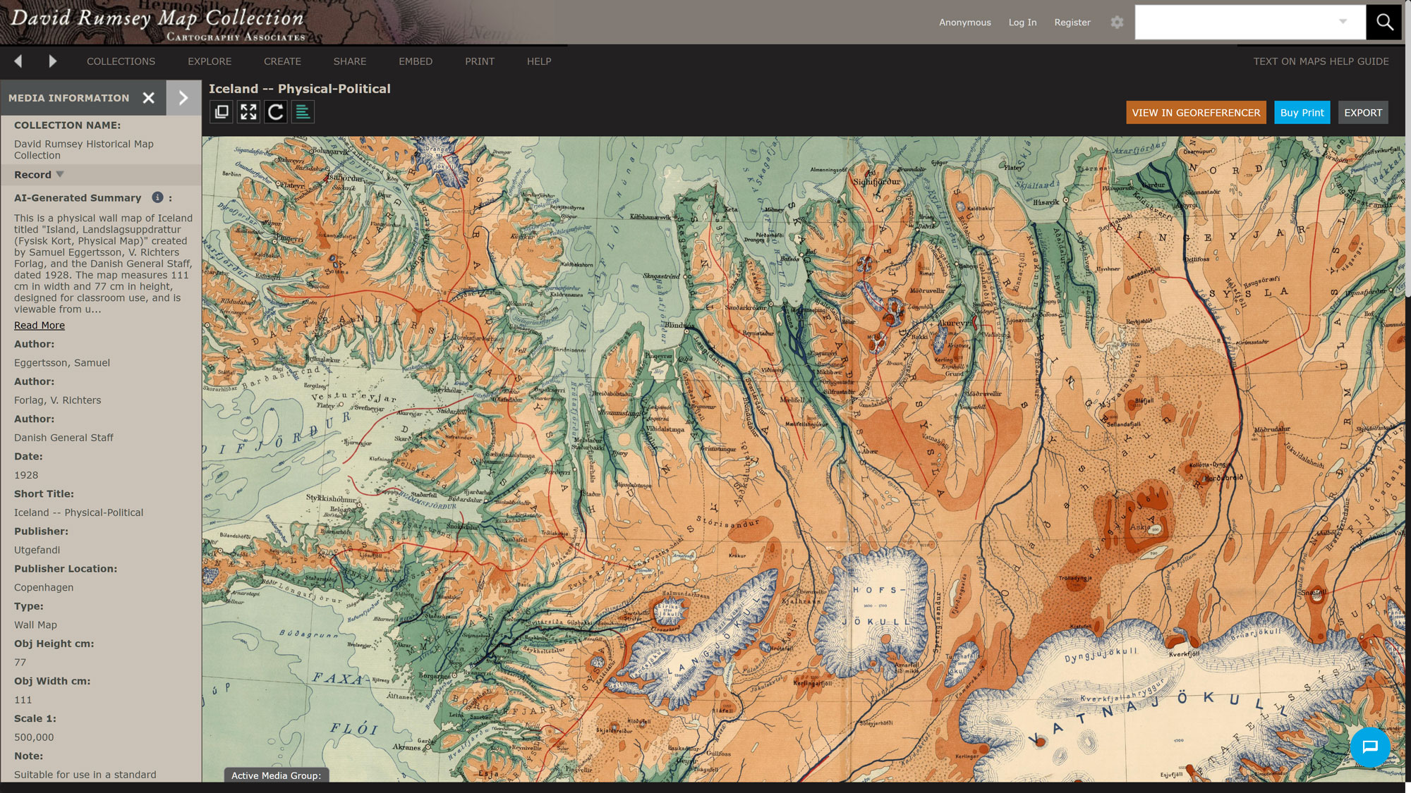 A high-resolution vintage physical-political map of Iceland from 1928, featuring detailed topographical colors and coastal bathymetry.