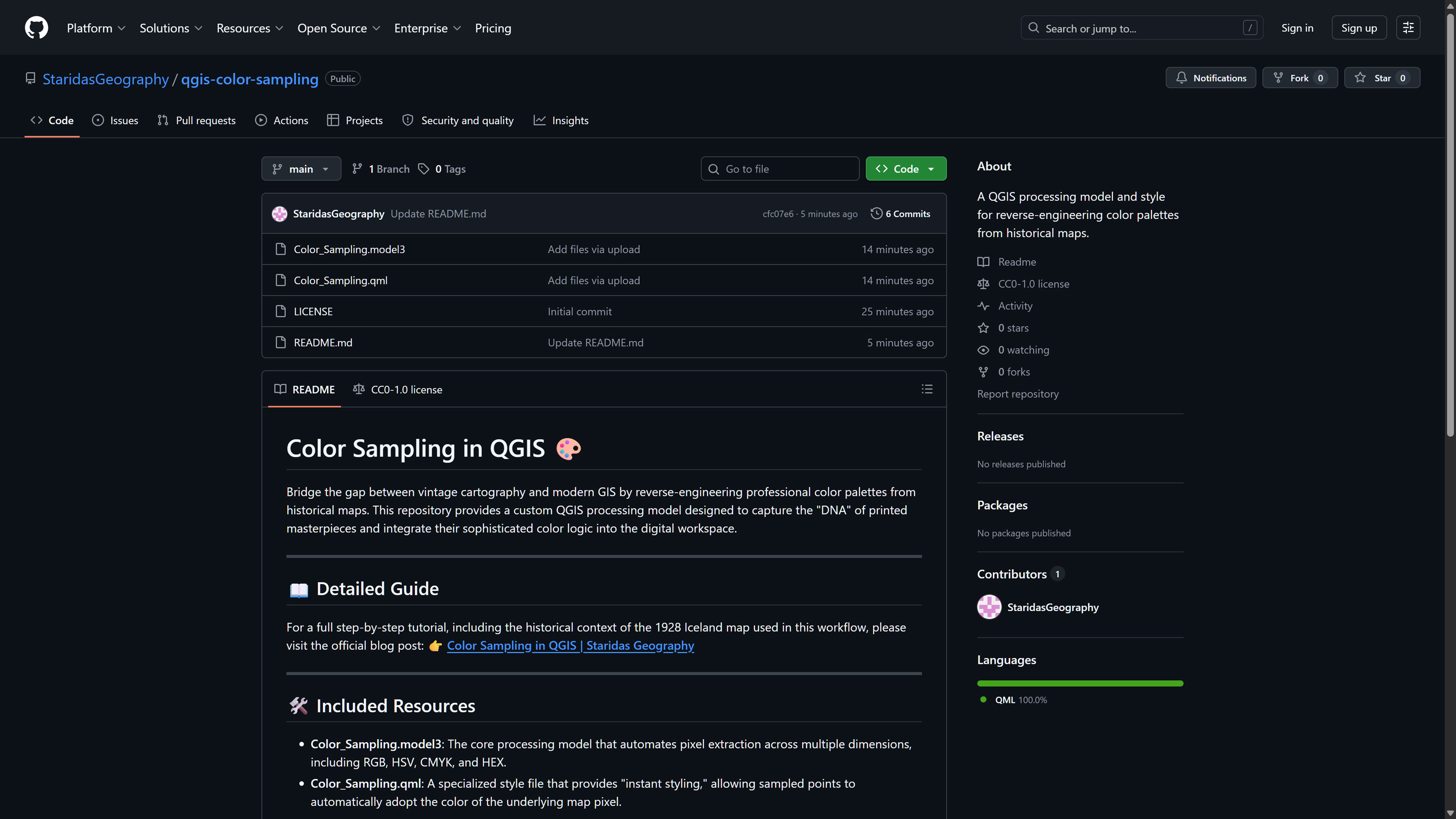 A web browser view of a GitHub repository page showing files named Color_Sampling.model3 and Color_Sampling.qml.