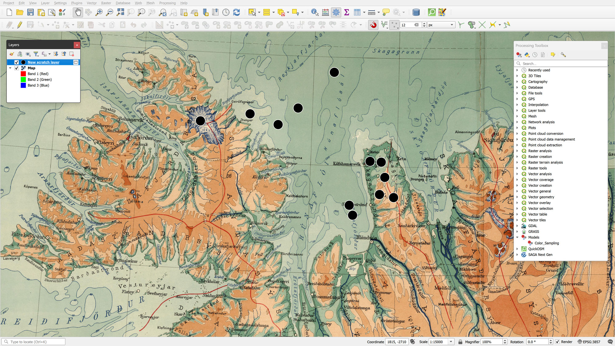 The QGIS interface showing a raster map of Iceland in the main canvas with several red vector points plotted over different colored regions.