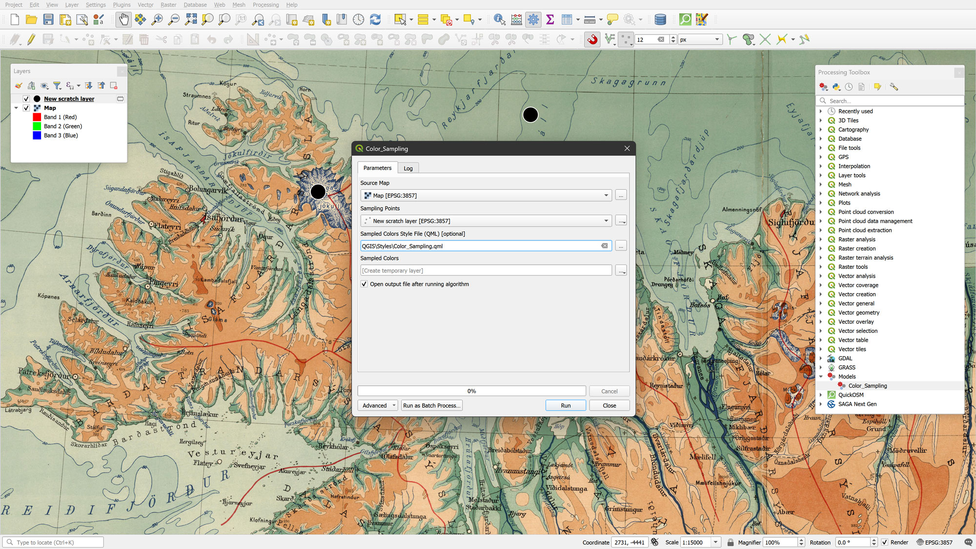 The QGIS Processing Tool dialog box for the Color Sampling model, with drop-down menus selecting the source map and point layers.