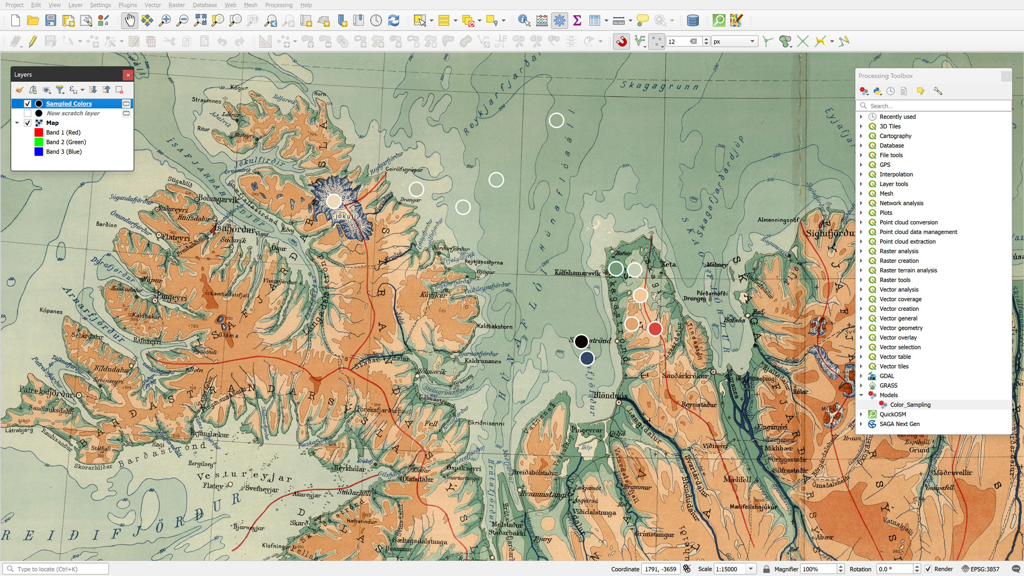 A QGIS canvas where the previously red vector points have changed color to perfectly match the specific map pixels they are positioned over.