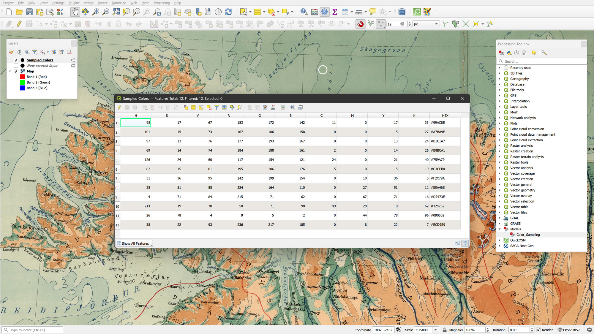 A spreadsheet-style attribute table in QGIS displaying columns for R, G, B, H, S, V, C, M, Y, K, and HEX color codes for each sampled point.