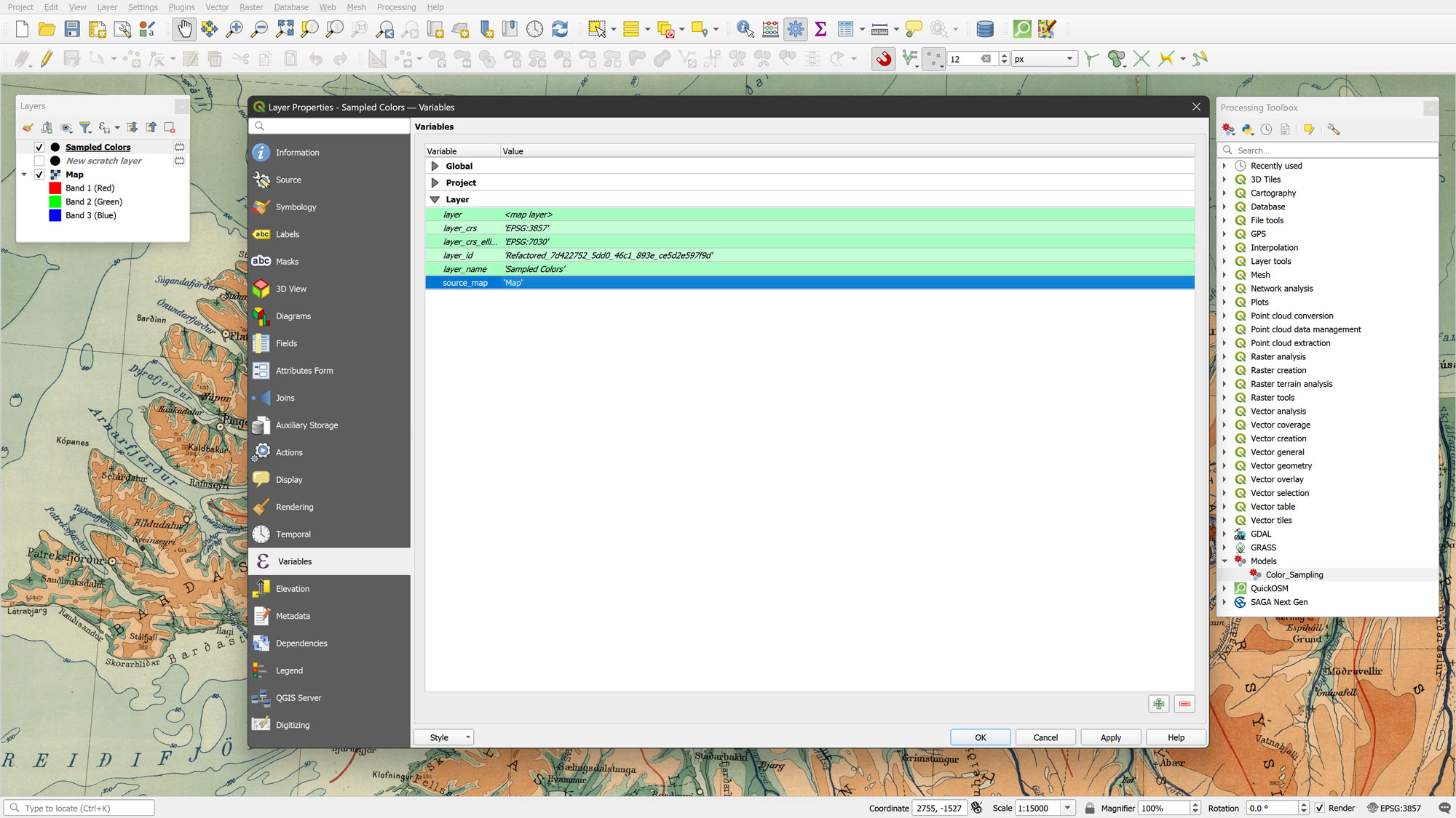 The QGIS Layer Properties window showing the Variables tab where the source_map variable is being defined as Map.