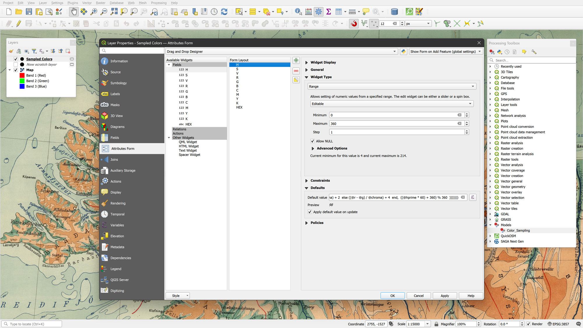 The QGIS Attribute Form configuration panel showing the Default value expression settings used to trigger automatic color updates.