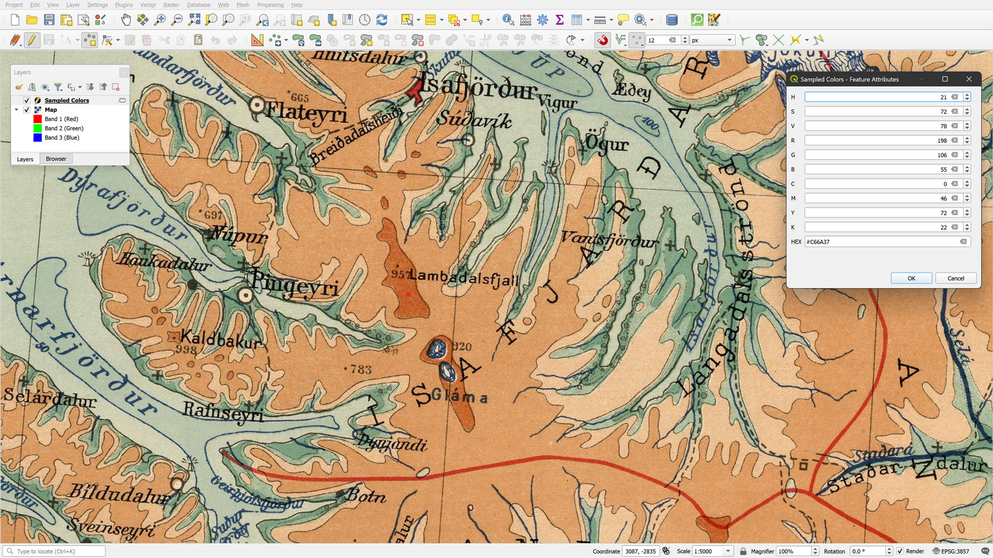 A screen view of the QGIS interface showing the Sampled Colors attribute form with the apply default value on update checkbox highlighted for the color fields.