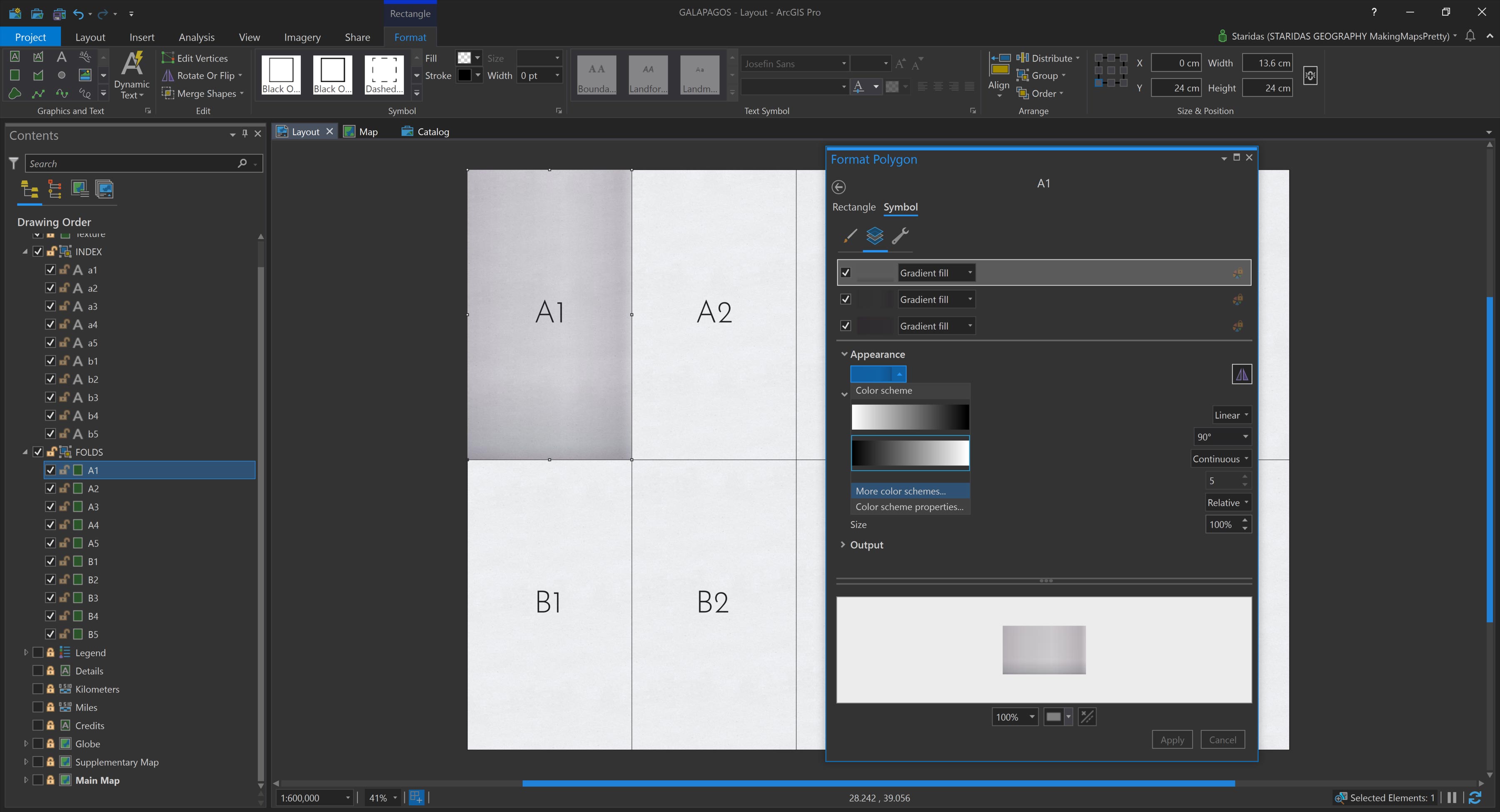Applying a Gradient Fill on every Symbol Layer for each individual graphic rectangle.
