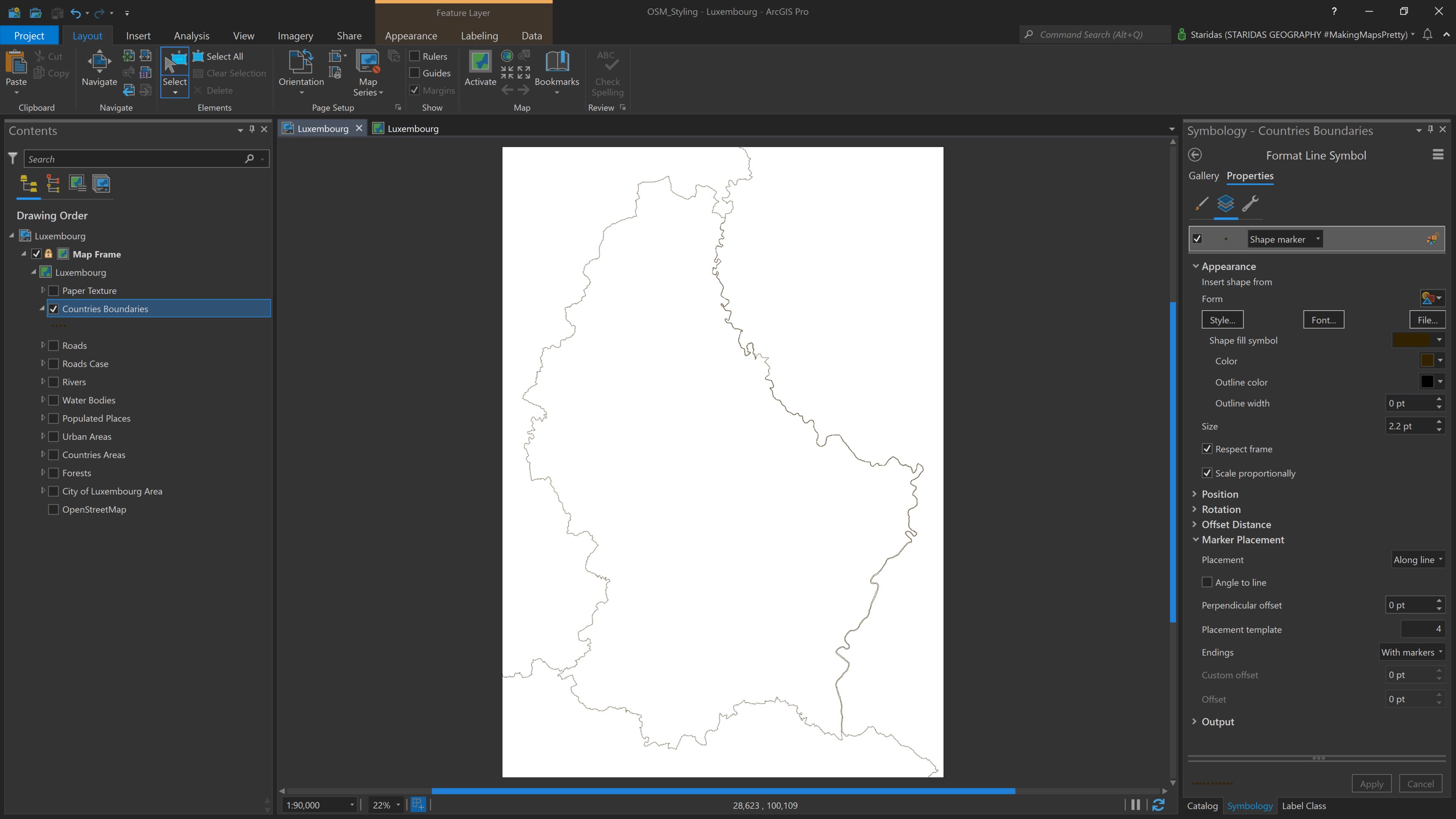 Styling the Countries Boundaries layer with Shape marker.