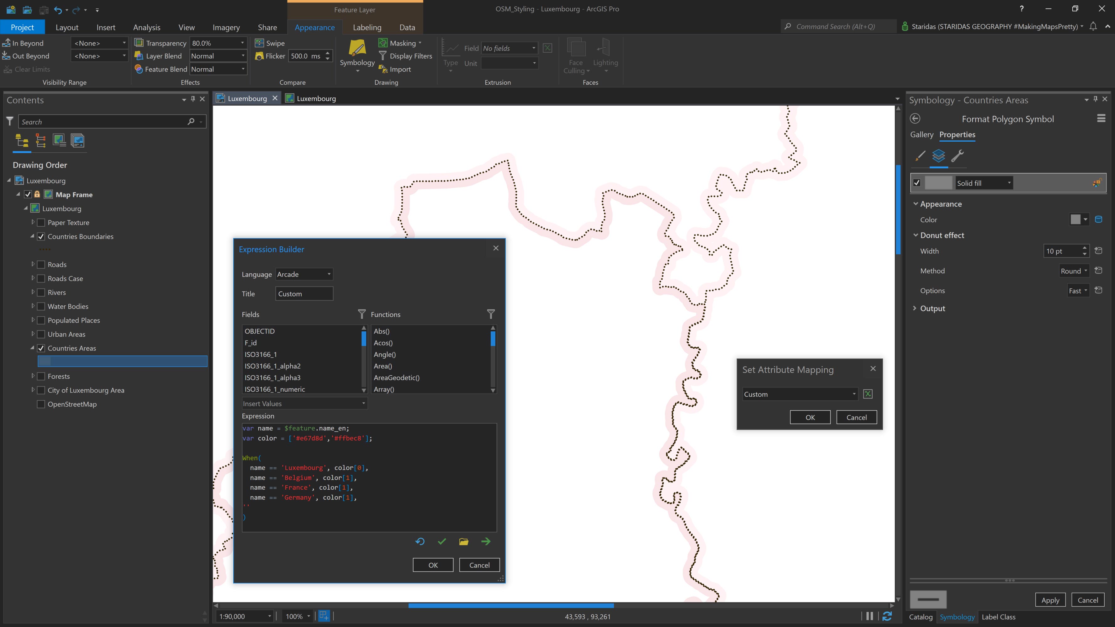 Styling the Countries Areas layer with Arcade expression and a Donut effect.