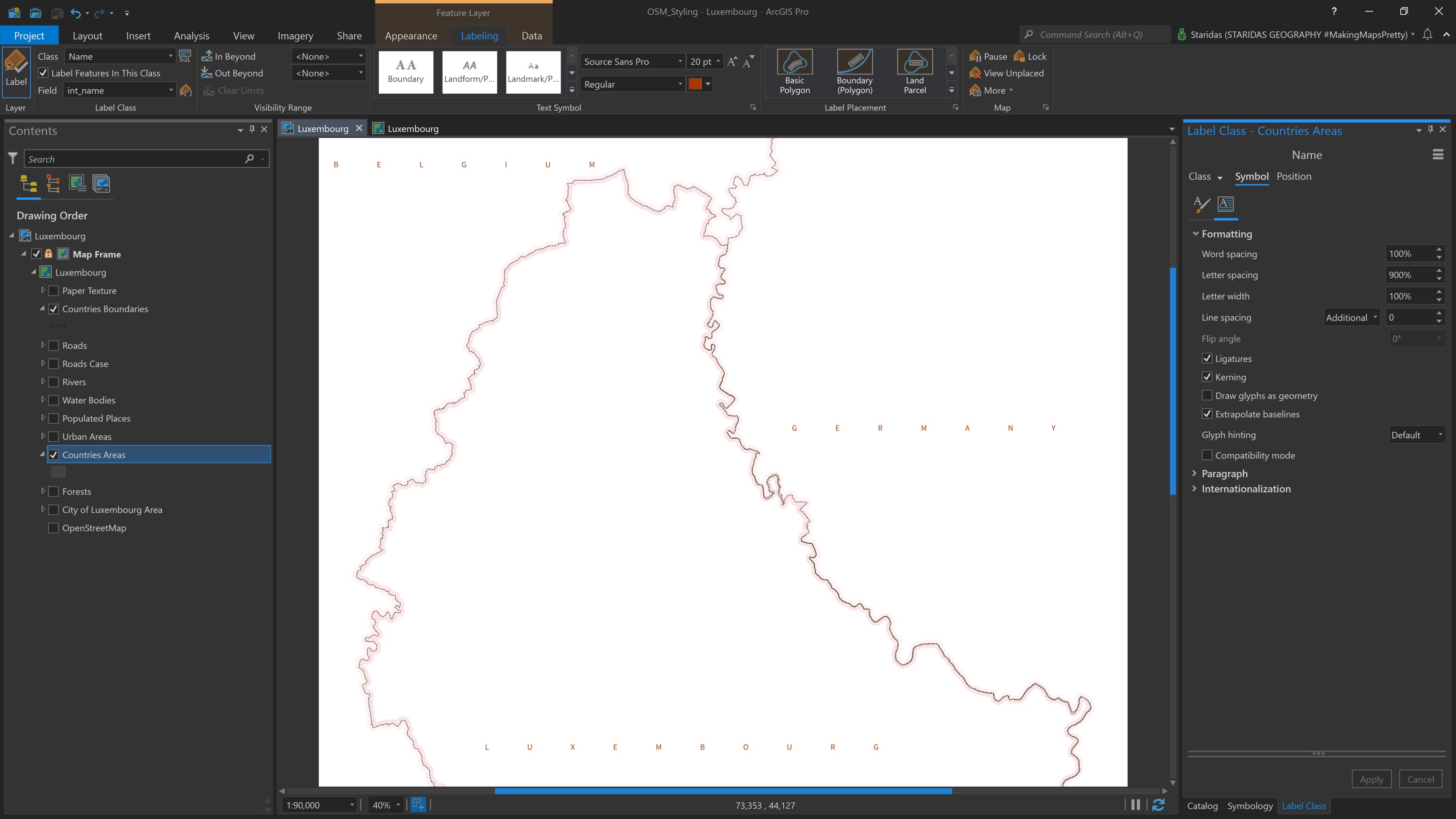 Labelling the Countries Areas layer.