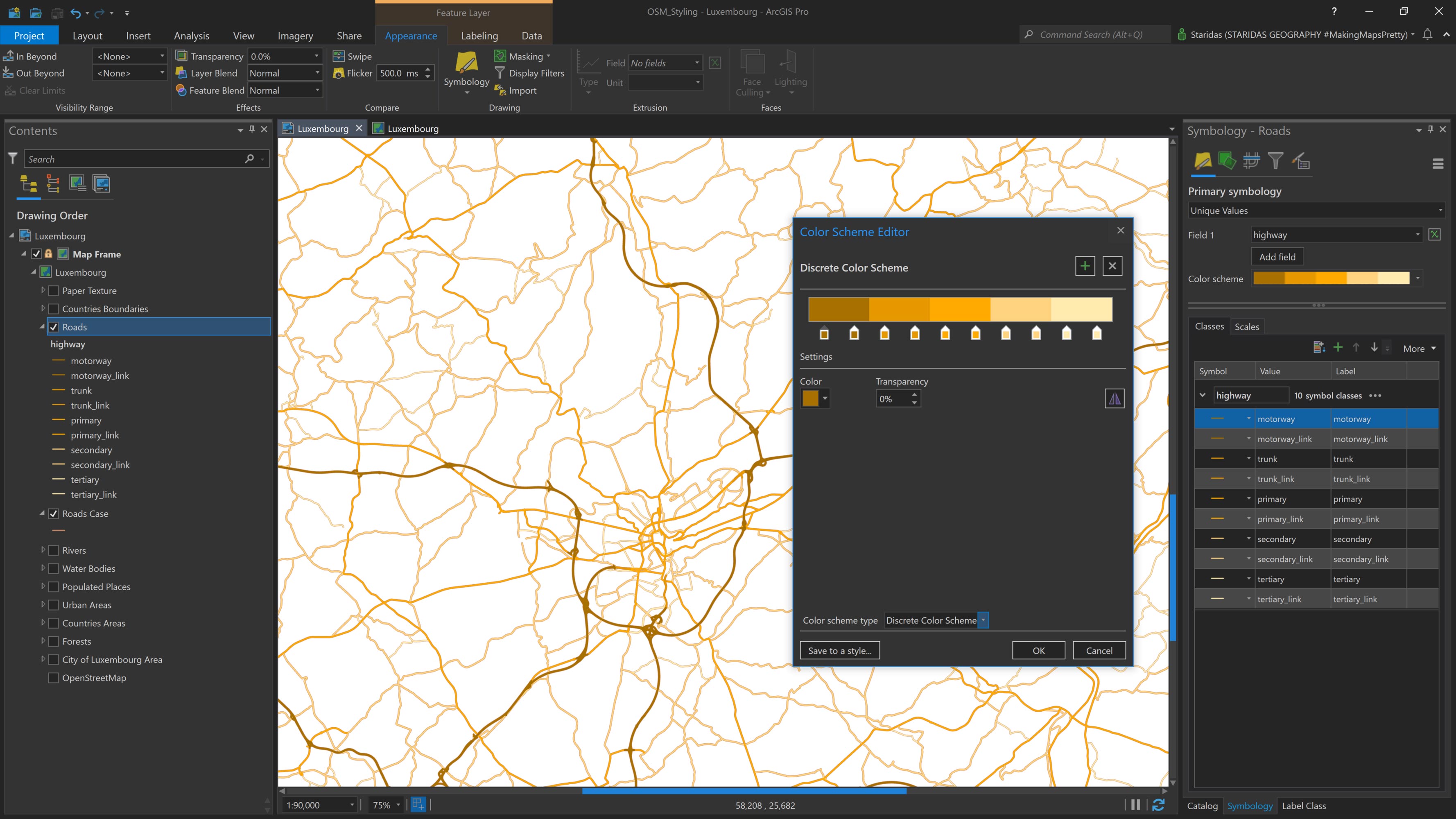 Styling the Roads Front layer with Unique Values to control the Color of each type.