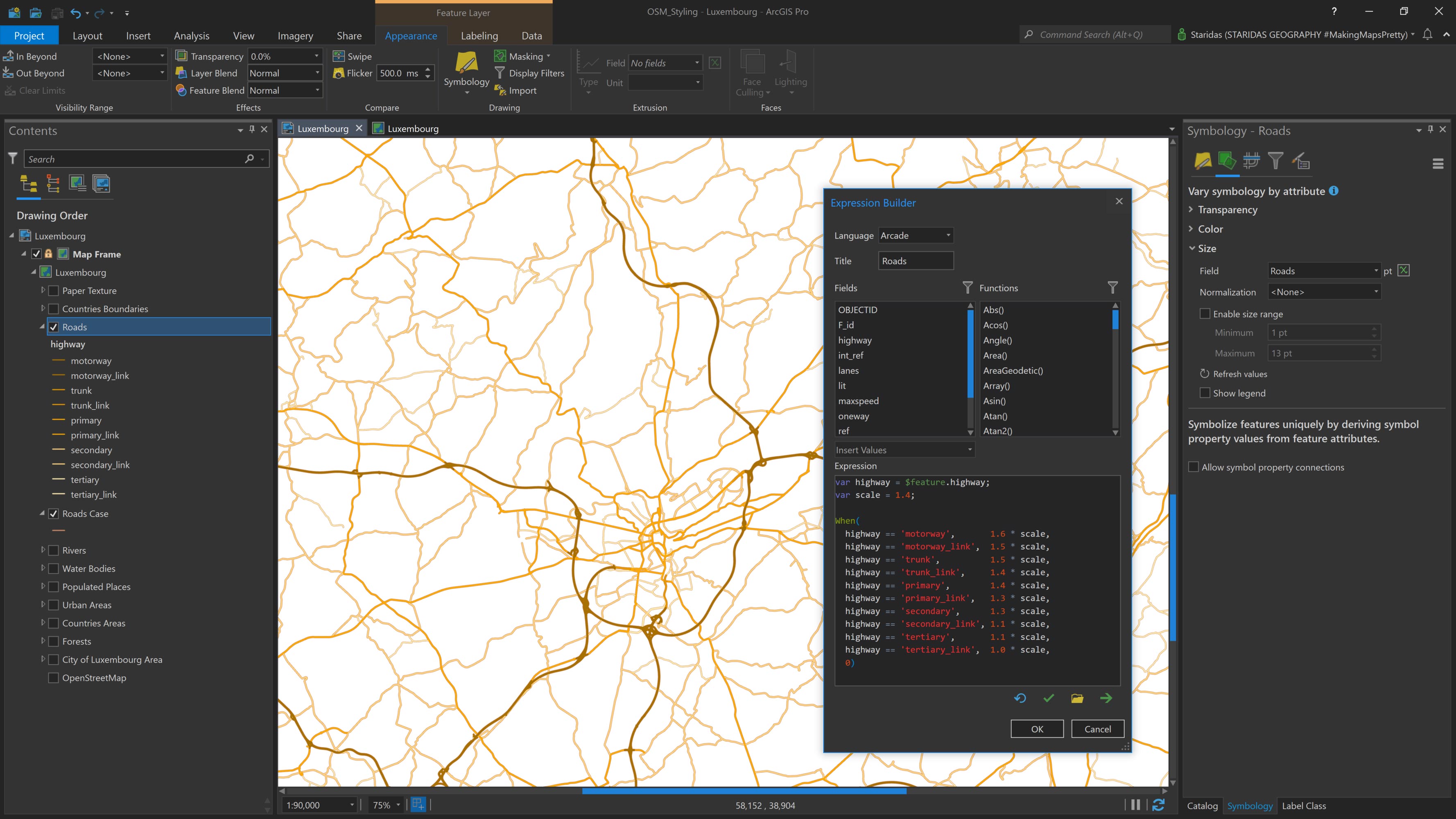Styling the Roads Front layer by varying symbology by size and Arcade.