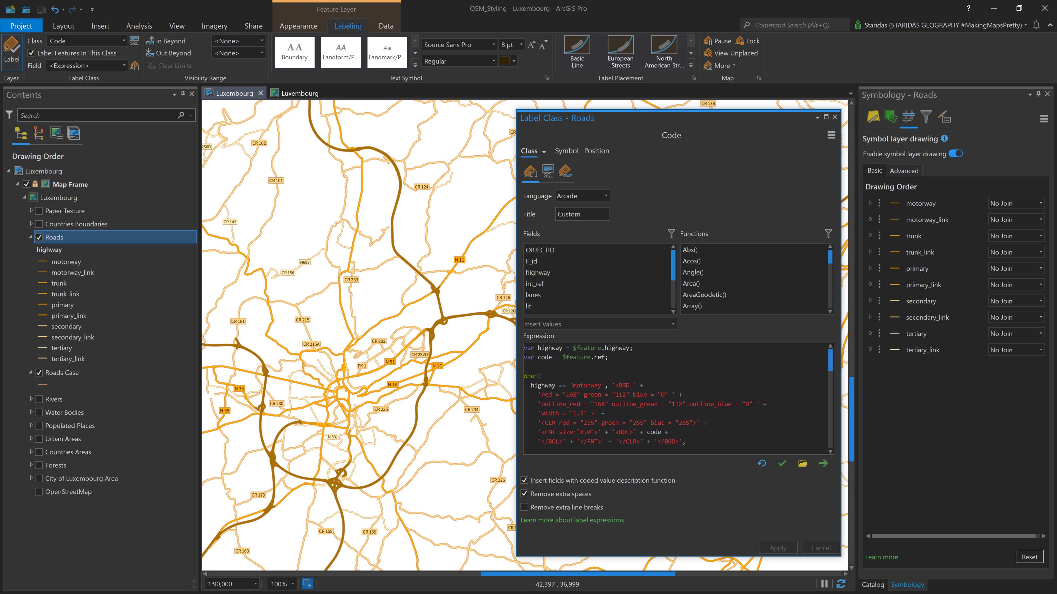 Labelling the Roads Front layer with Arcade and Text Formatting Tags.