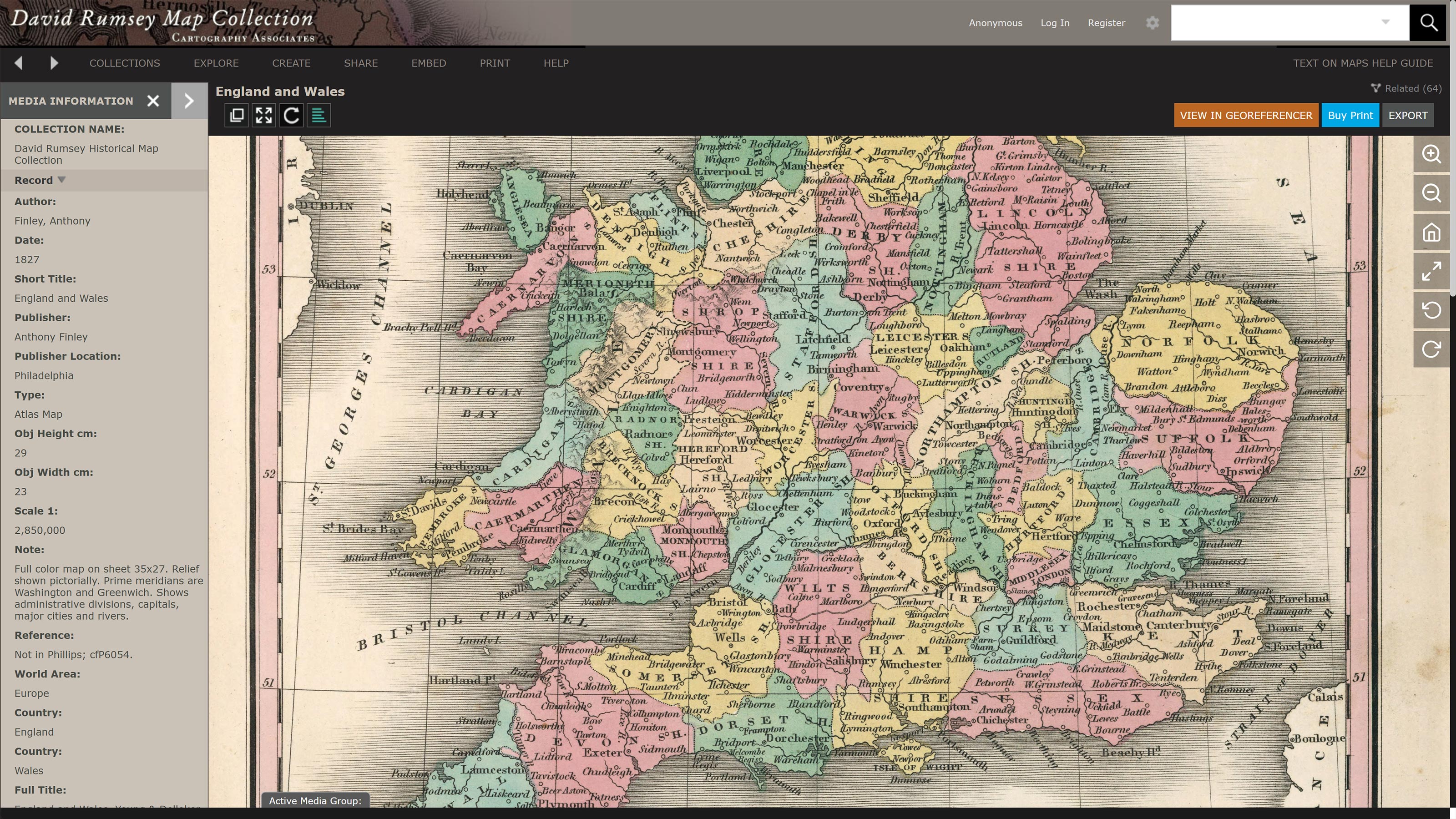 The map depicting England and Wales drawn in 1827 by Anthony Finley in the David Rumsey Map Collection.