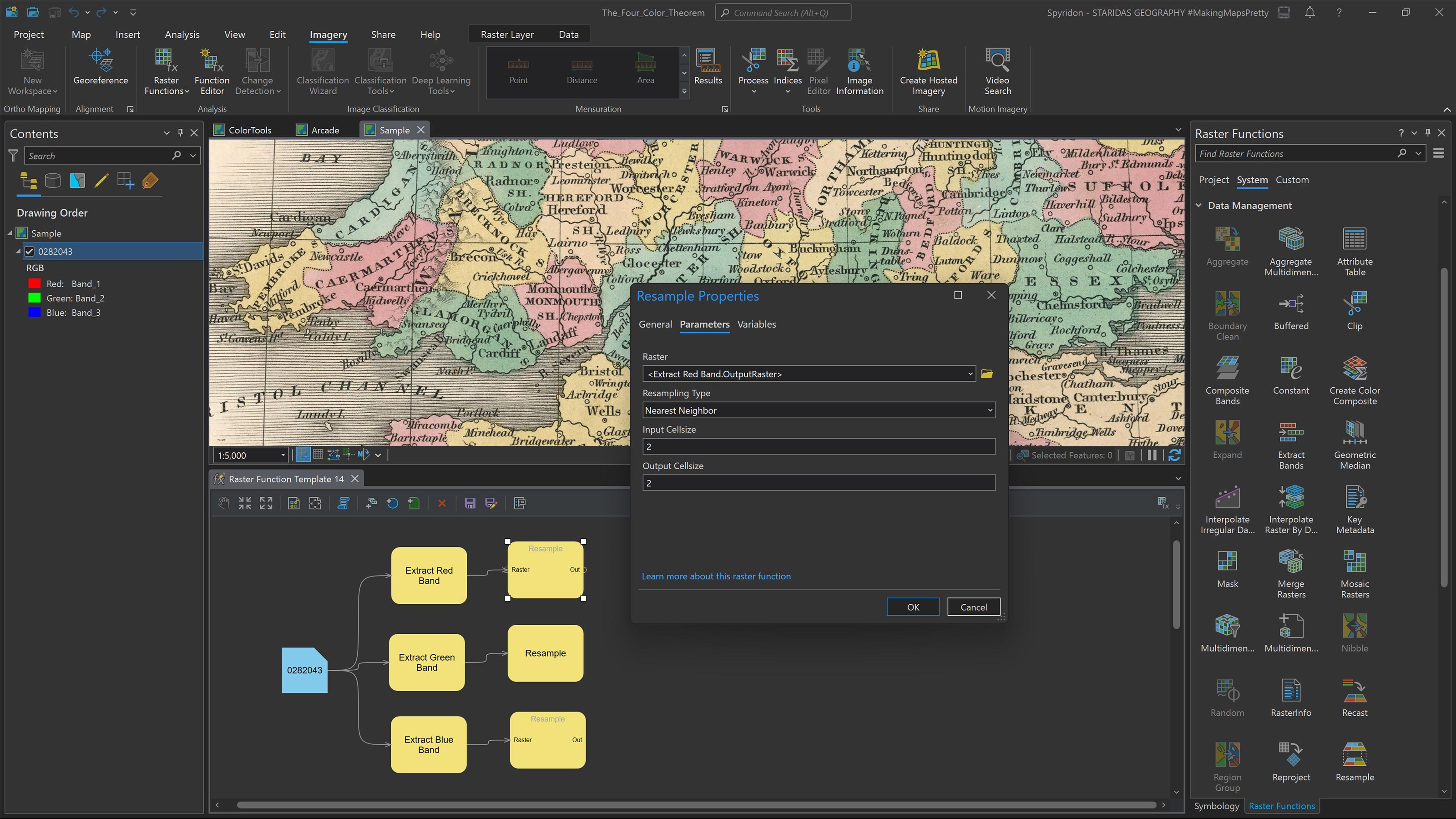 Chaining three times the Resample function, one for each band.