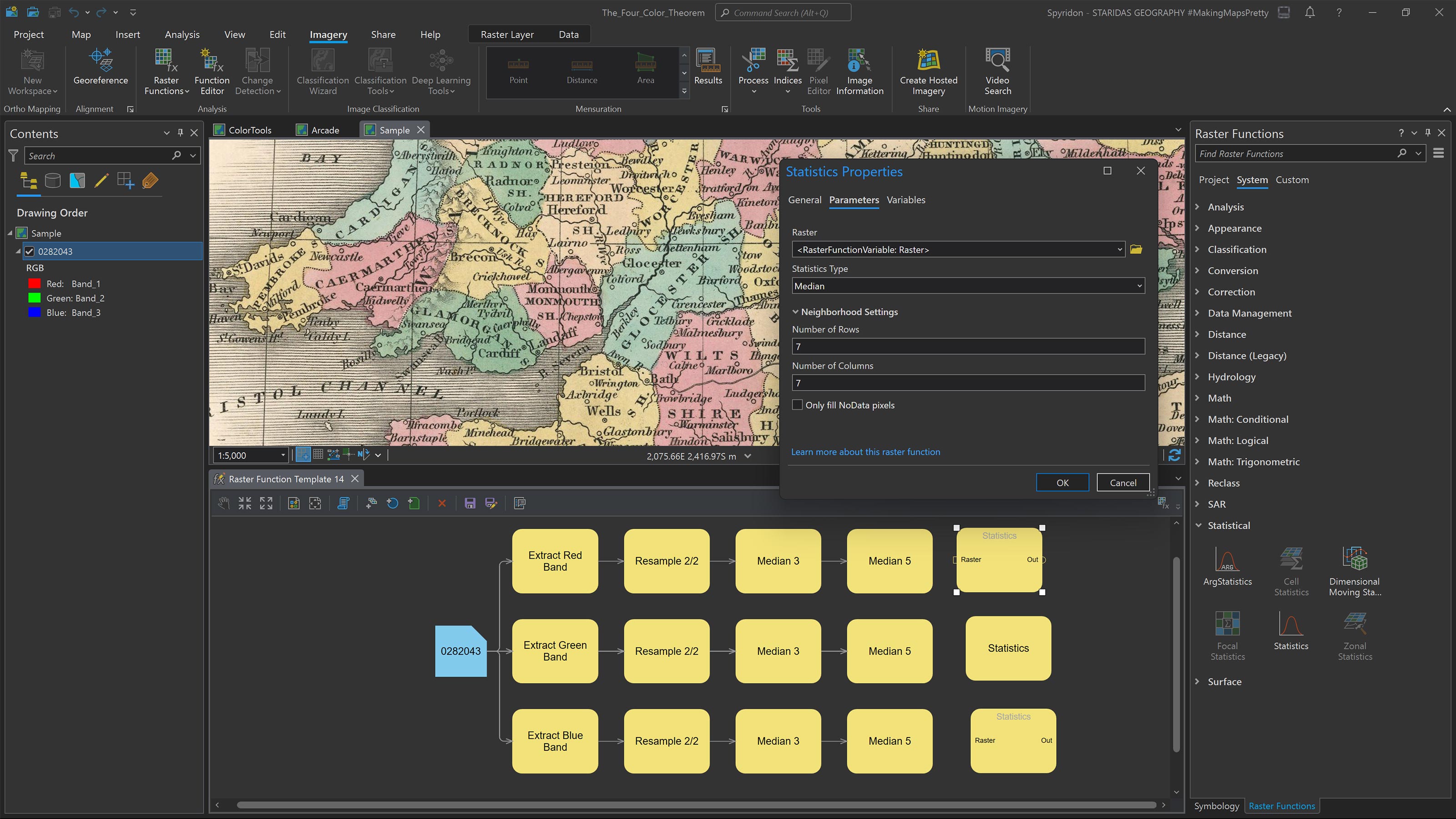 Setting three successive Median filters for each of the three bands with the Statistics function.