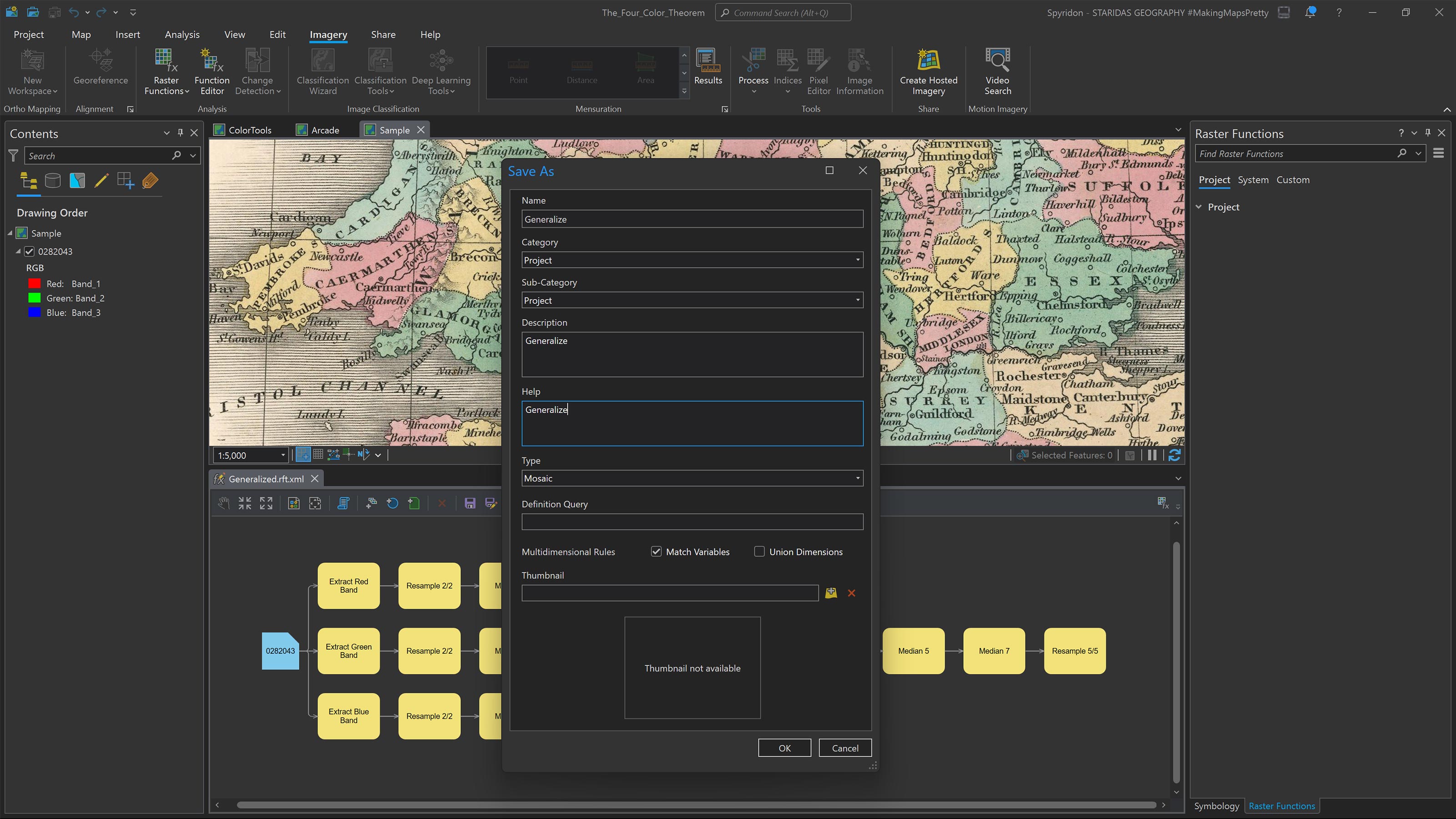 Resampling the final image with the Resample Function and saving the Raster Function Template as a new custom Raster Function within the Raster Functions pane.