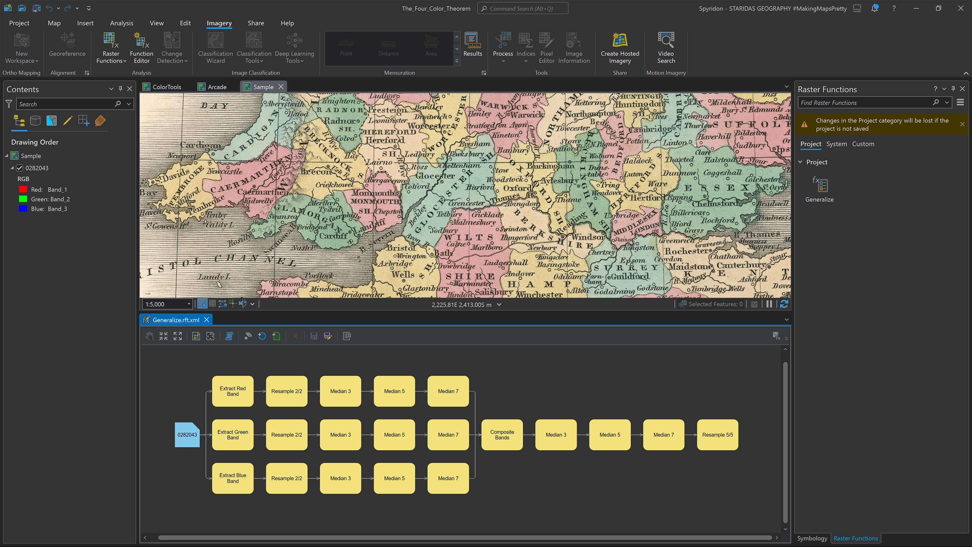 The newly saved custom Raster Function, named Generalize, available at the Project tab of the Raster Functions pane.