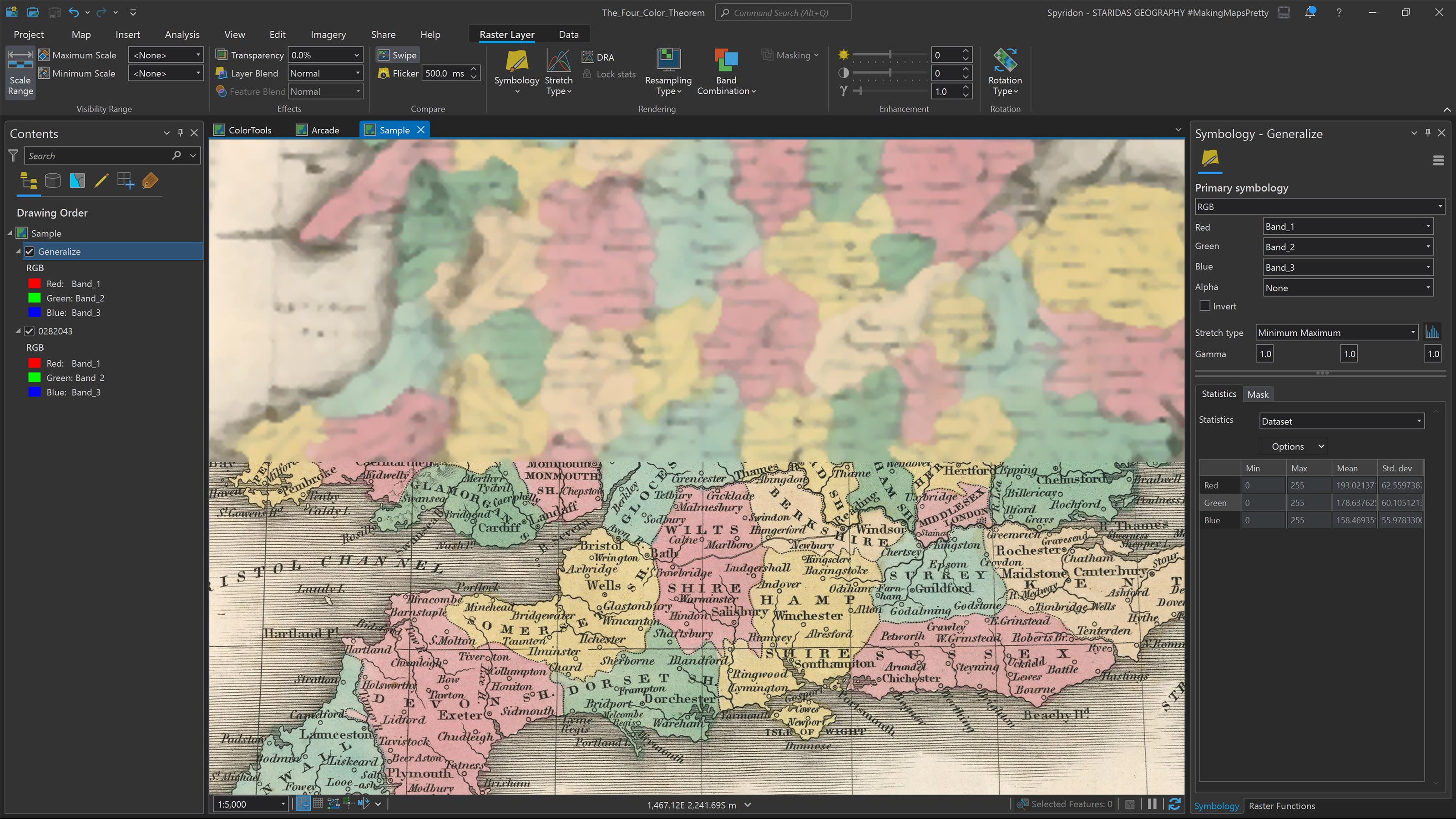 Using the Swipe tool to examine whether the cells of the Generalize raster layer have the same or nearly the same color with the original map.