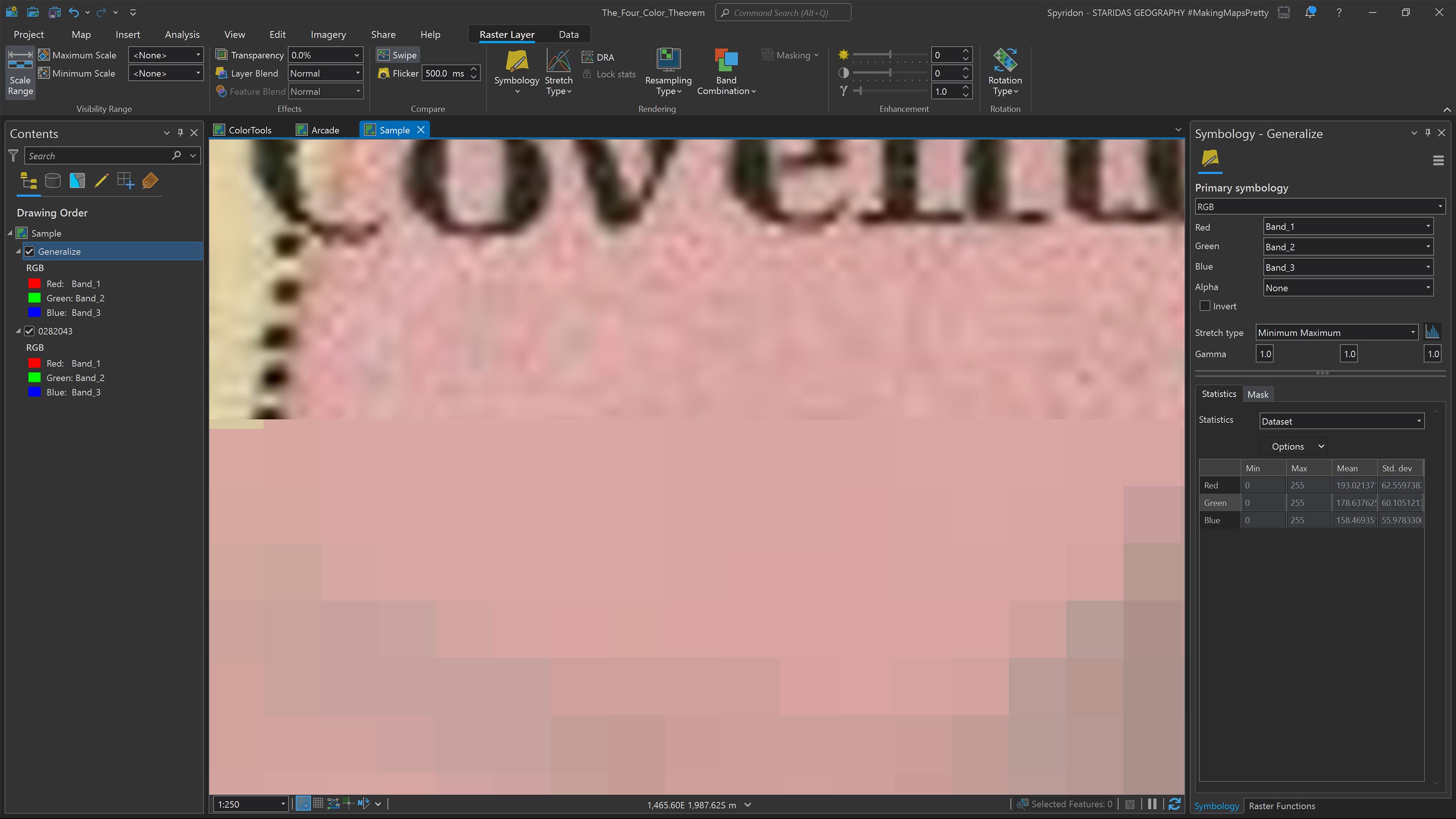 Cells of the Generalize raster layer which are very close in color (pink), but also very close to the average of the colors of the cells of the unprocessed original map below.