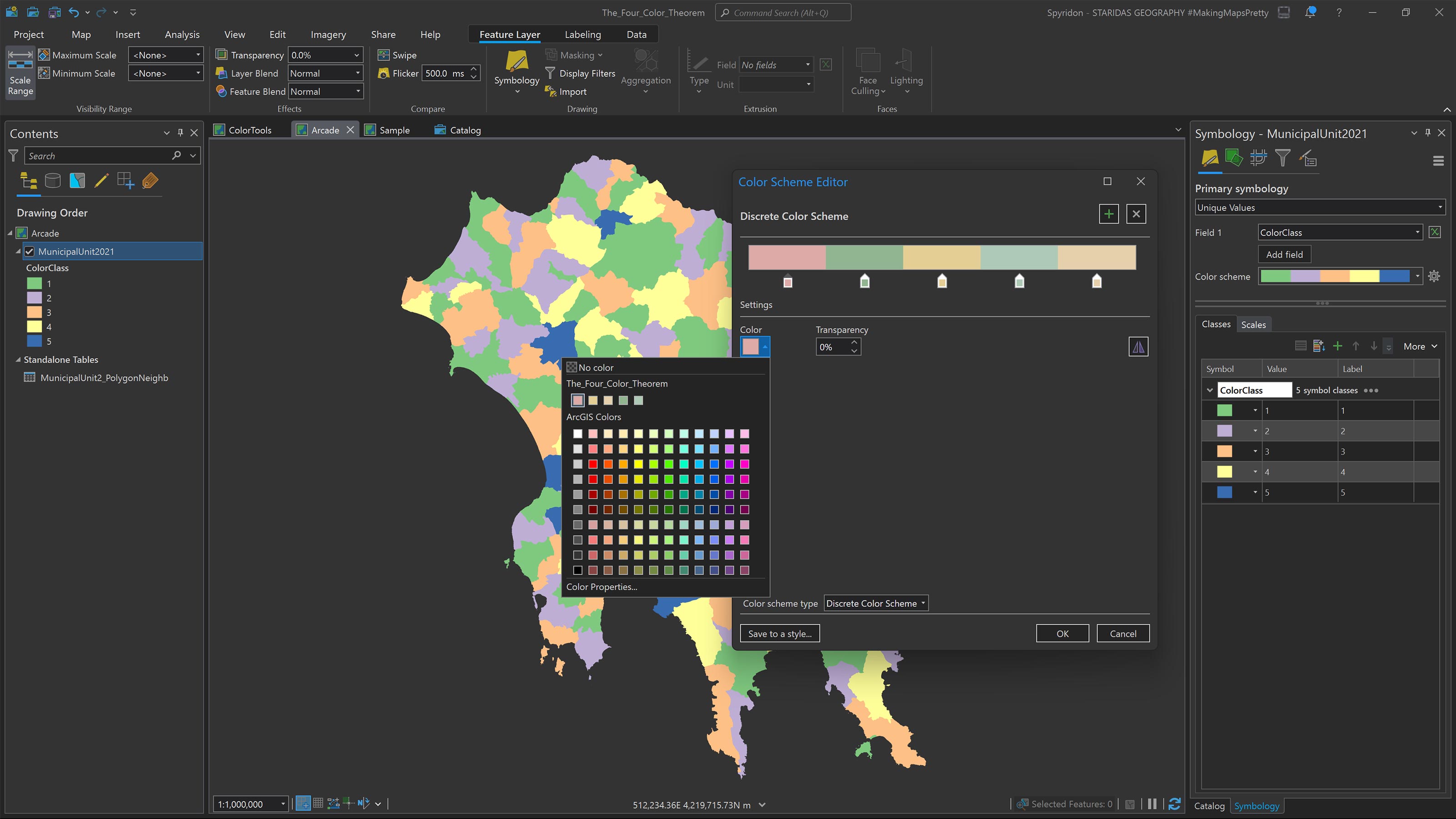 Assigning the sampled colors to a new Discrete Color Scheme with which I will symbolize a polygon feature layer.