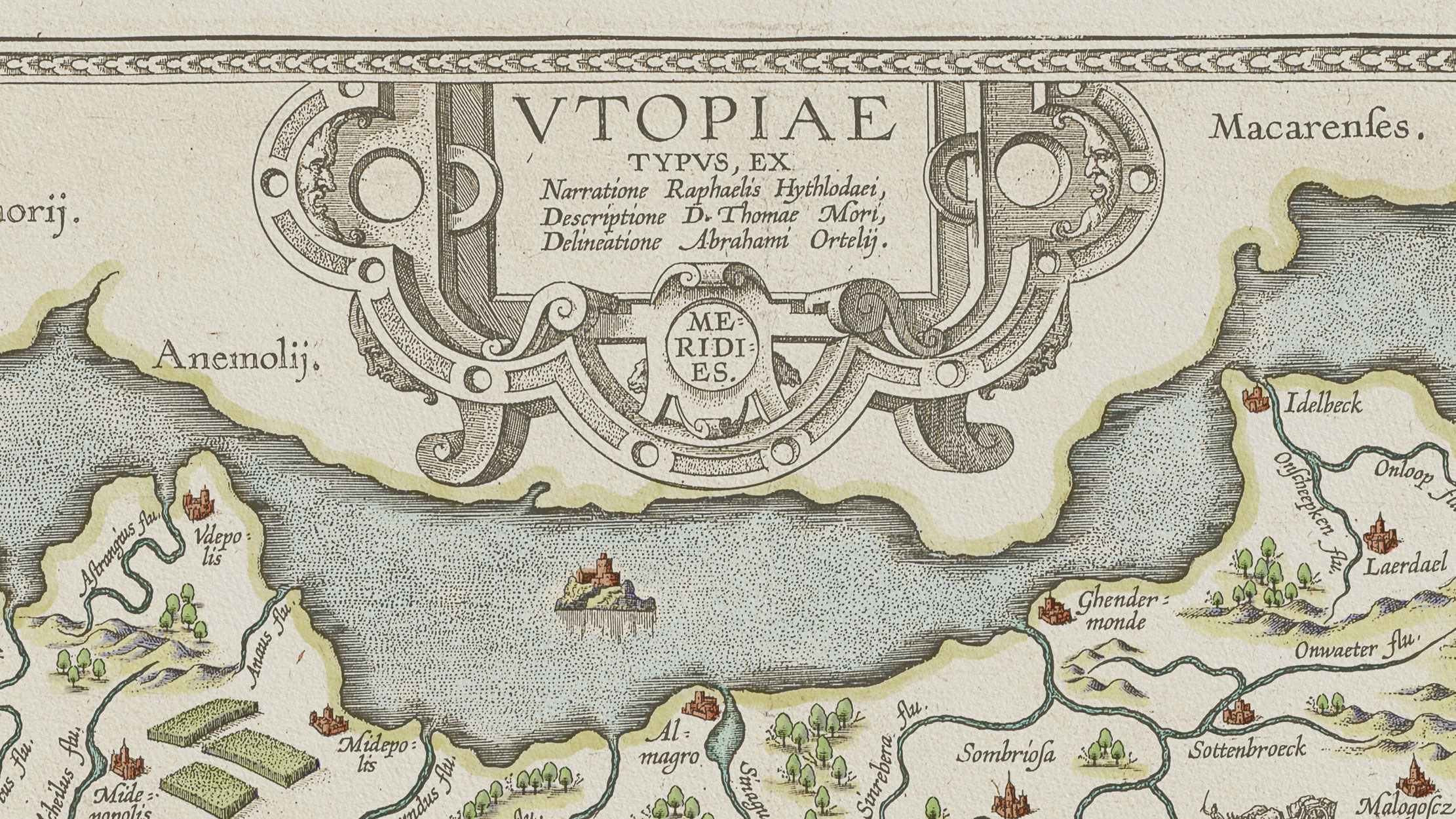 Detail of the title cartouche from Abraham Ortelius' 1595 copperplate engraved Map of Utopia, showing the inscription VTOPIAE TYPVS and the northern coast of the imaginary island.