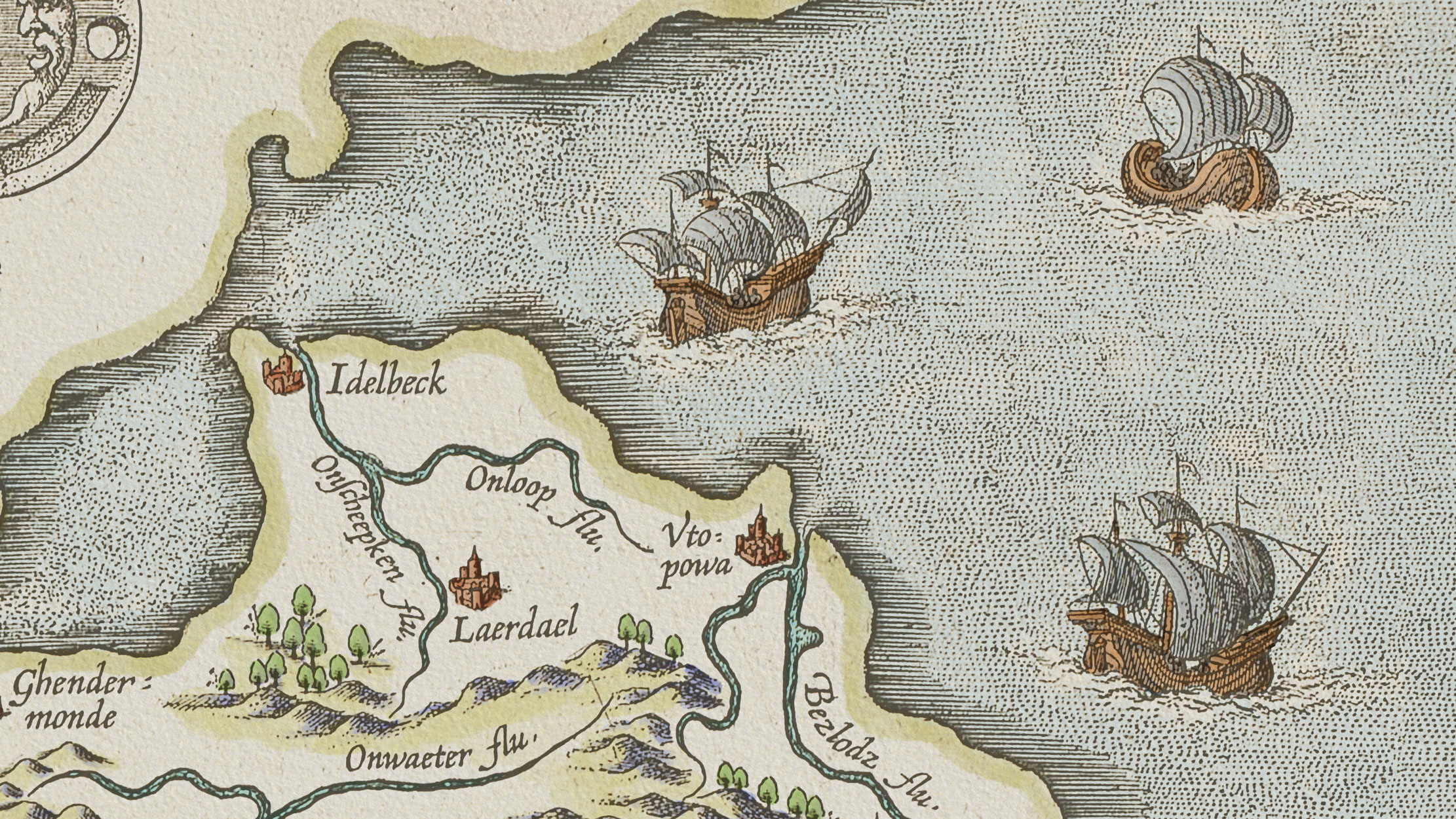 Detail of two recoloured Renaissance sailing ships on the digitally recoloured Ortelius Map of Utopia, showing watercolour colouring applied to hulls, sails, and shadows using complementary colour pairs.