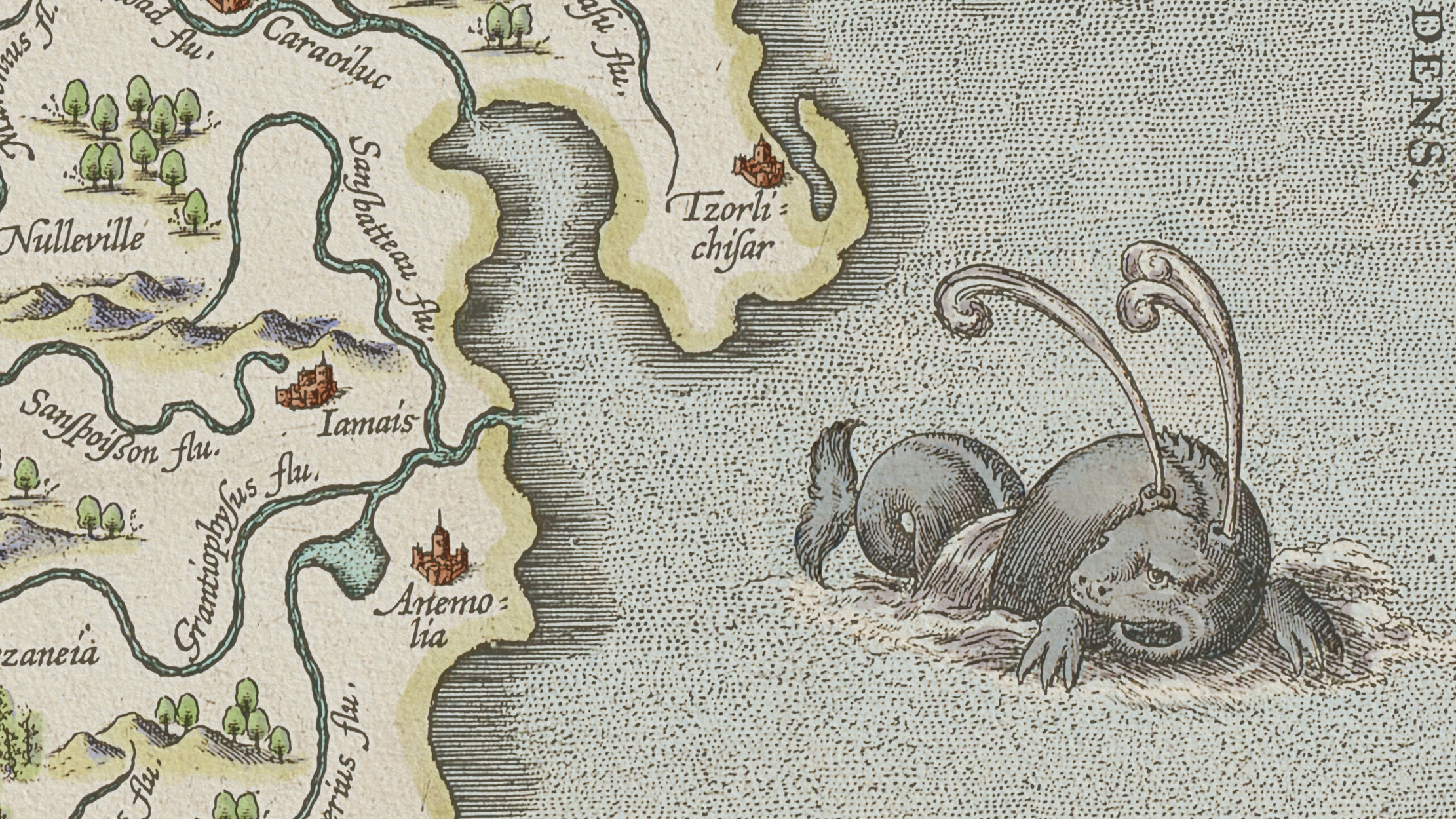 Close-up of the sea monster on the digitally recoloured Ortelius Map of Utopia, showing watercolour colouring applied using ship palette colours, with uncoloured white foam around the creature.