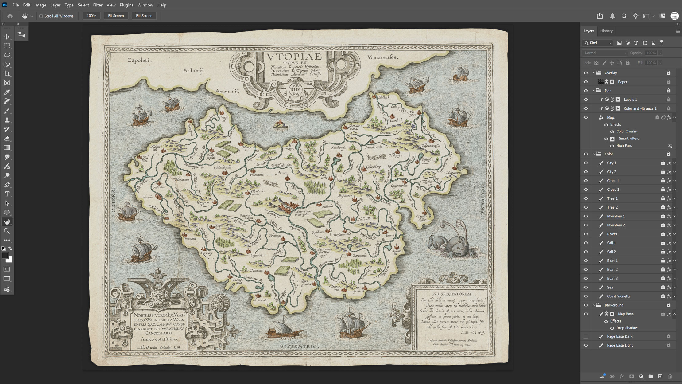 Adobe Photoshop screenshot showing the completed digital watercolour recolouring of Ortelius' Map of Utopia, with the full layer panel visible and the finished coloured map displayed.