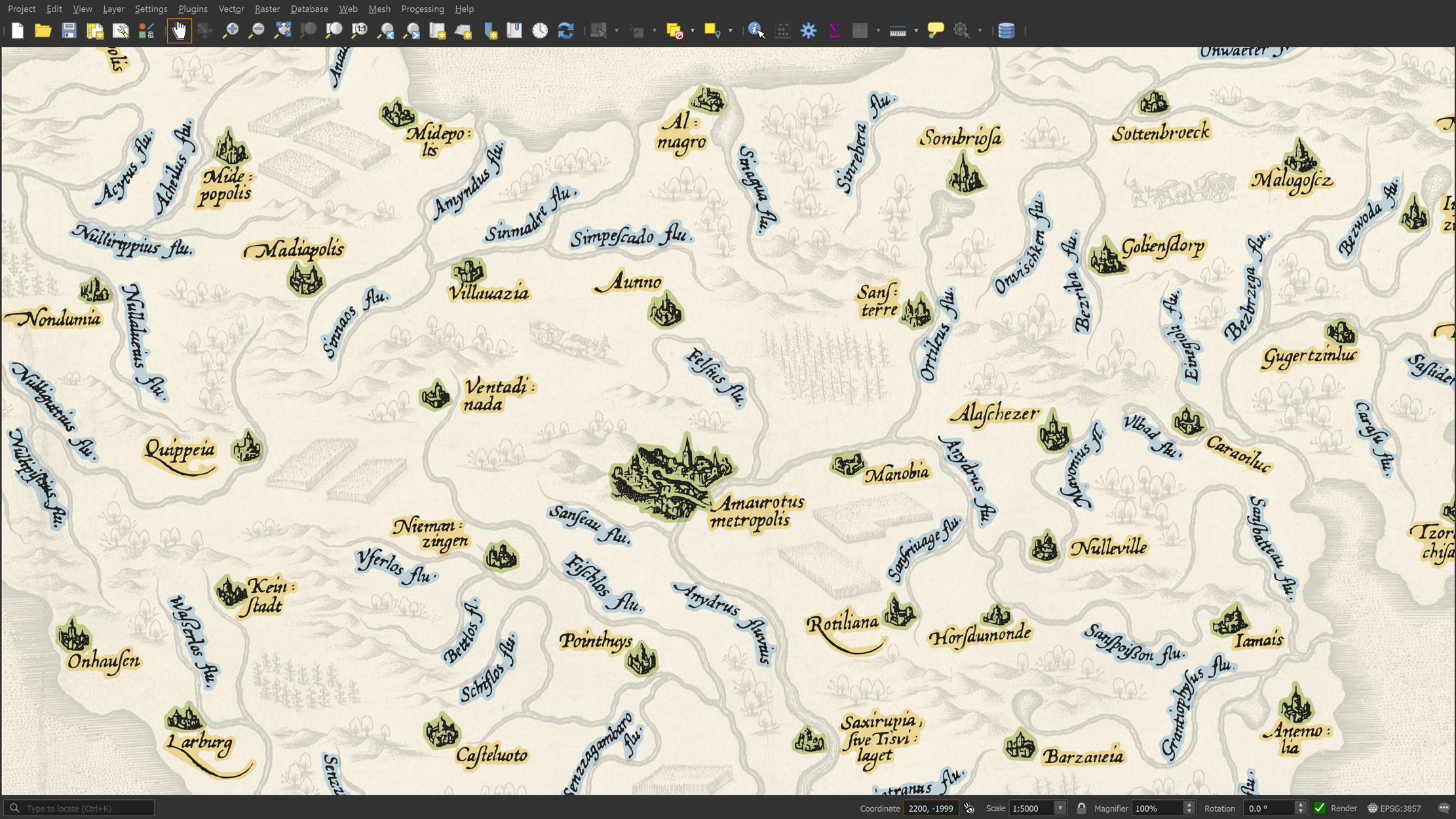 QGIS screenshot showing the digitized vector features extracted from Ortelius' Map of Utopia, colour-coded by type — cyan for rivers, yellow for city labels, green for city footprints — overlaid on the recoloured basemap.