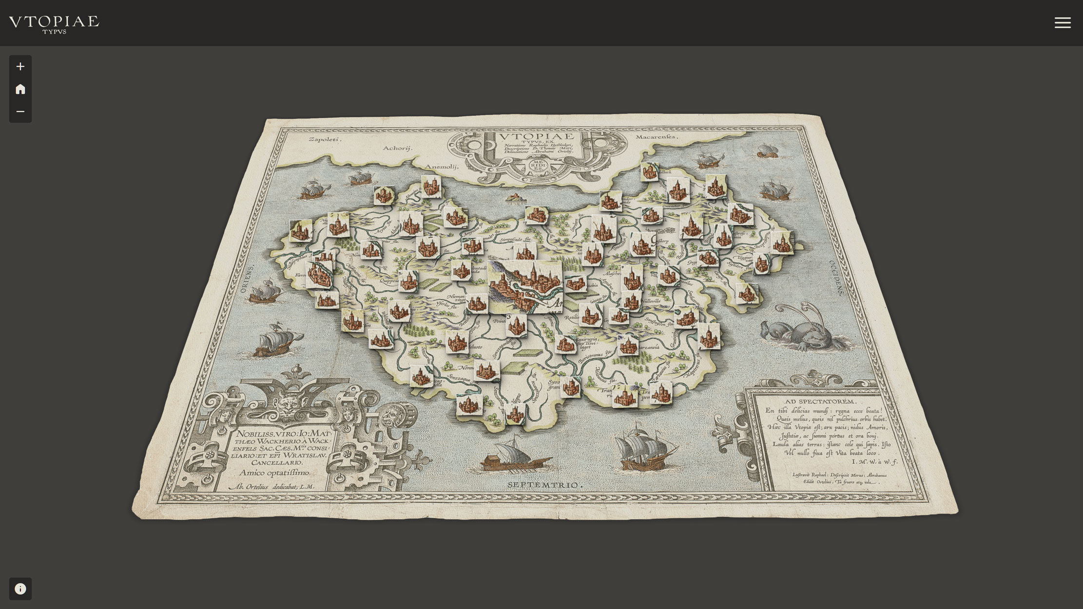 Screenshot of the Mapping Utopia interactive web application built with MapLibre GL JS, showing the recoloured Ortelius map tilted in 3D with custom city icons, navigation controls, and the VTOPIAE TYPVS header.