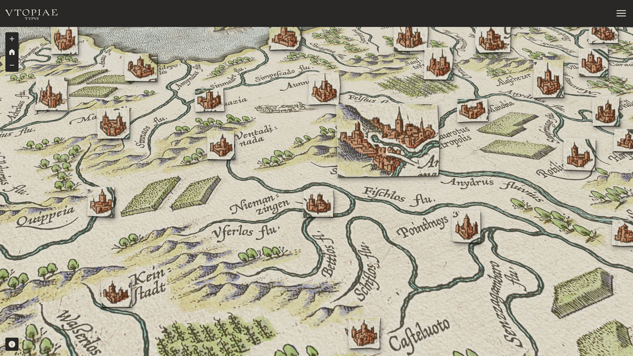 Zoomed and tilted view of the Mapping Utopia web application showing custom city marker icons, each displaying its city as drawn on the recoloured Ortelius map, with randomised hand-cut clip shapes and drop shadows.