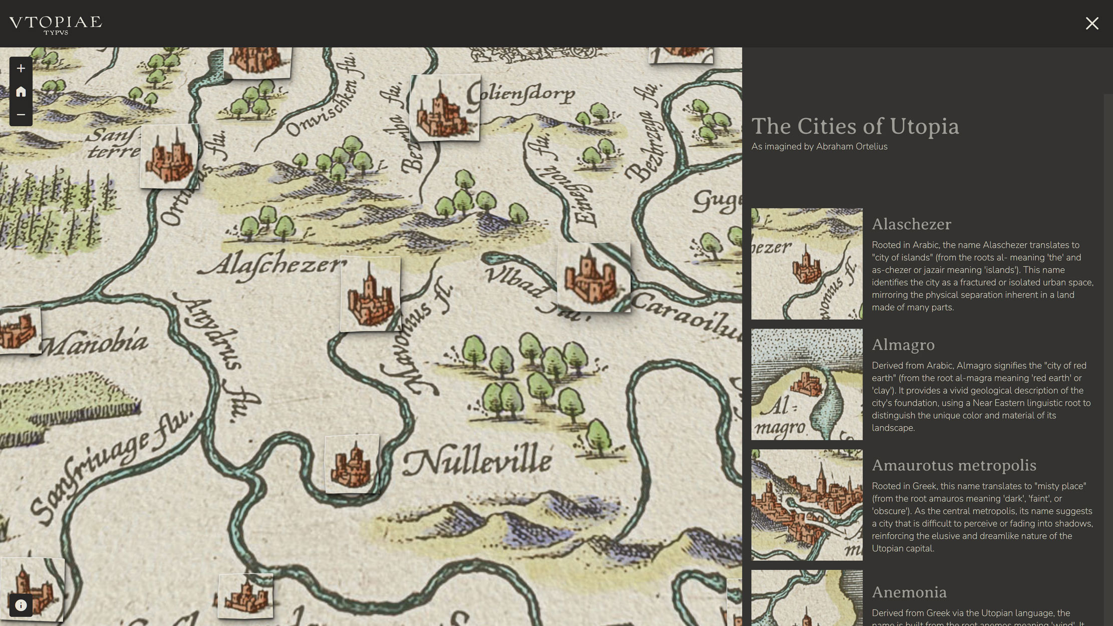 The side panel of the Mapping Utopia web application showing a scrollable list of Utopian cities, each with a custom icon cropped from the basemap, the city name, and a description of its fictional etymology.