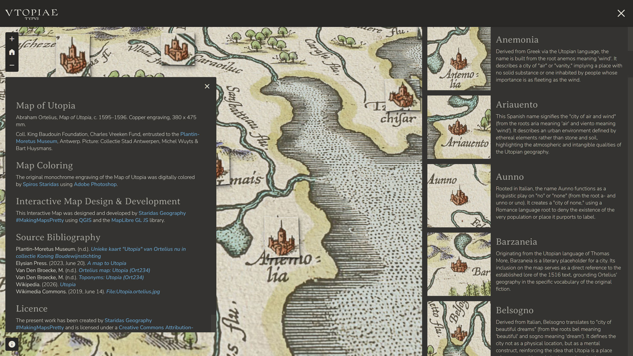 Custom attribution panel of the Mapping Utopia web application, displaying credits for the Ortelius map, bibliographic sources, software acknowledgements including QGIS and MapLibre GL JS, and a Creative Commons licence.