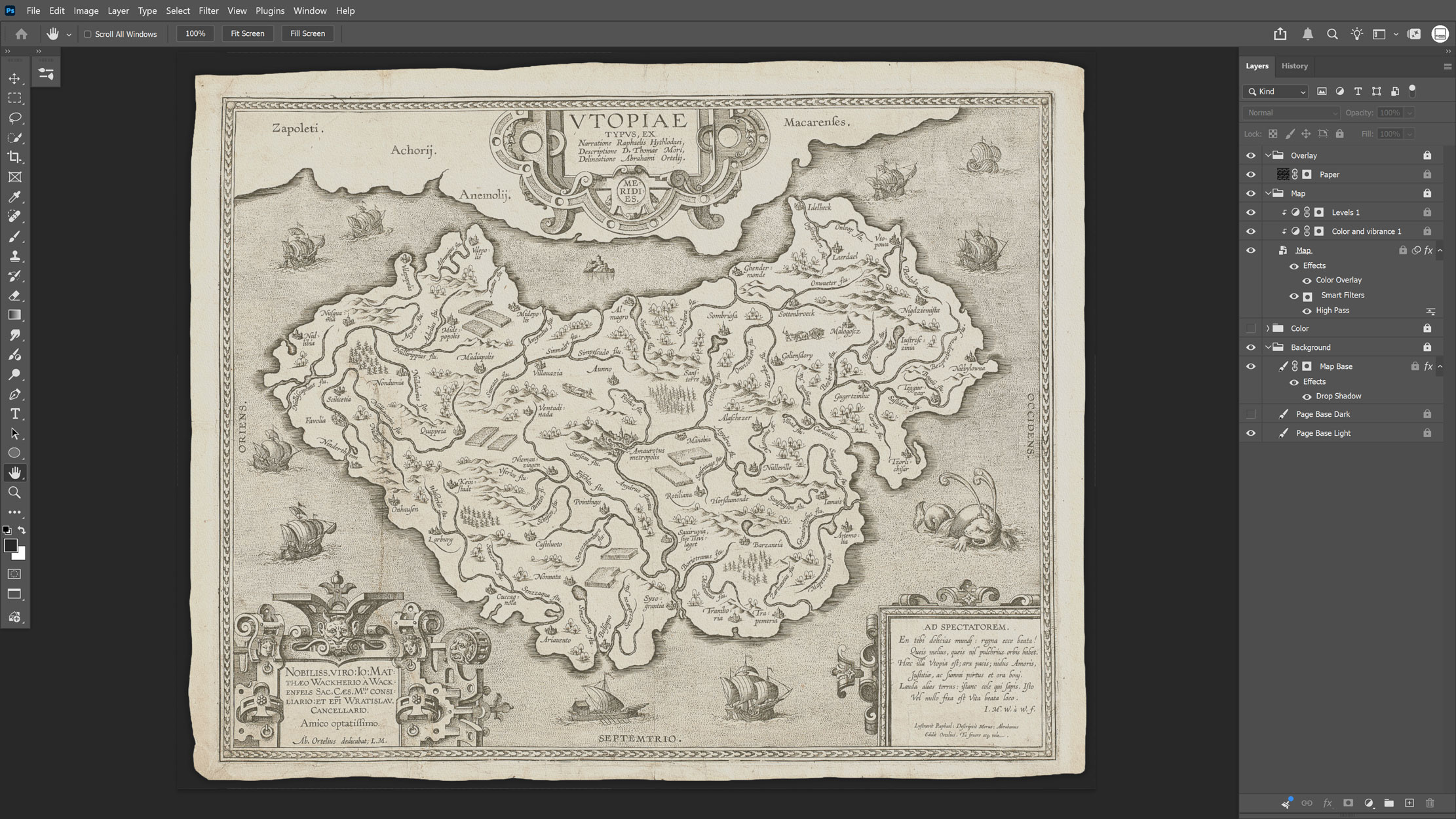 Colourless scan of Abraham Ortelius' Map of Utopia open in Adobe Photoshop, showing the full island with cities, rivers, mountains, ships, and a sea monster before digital recolouring.