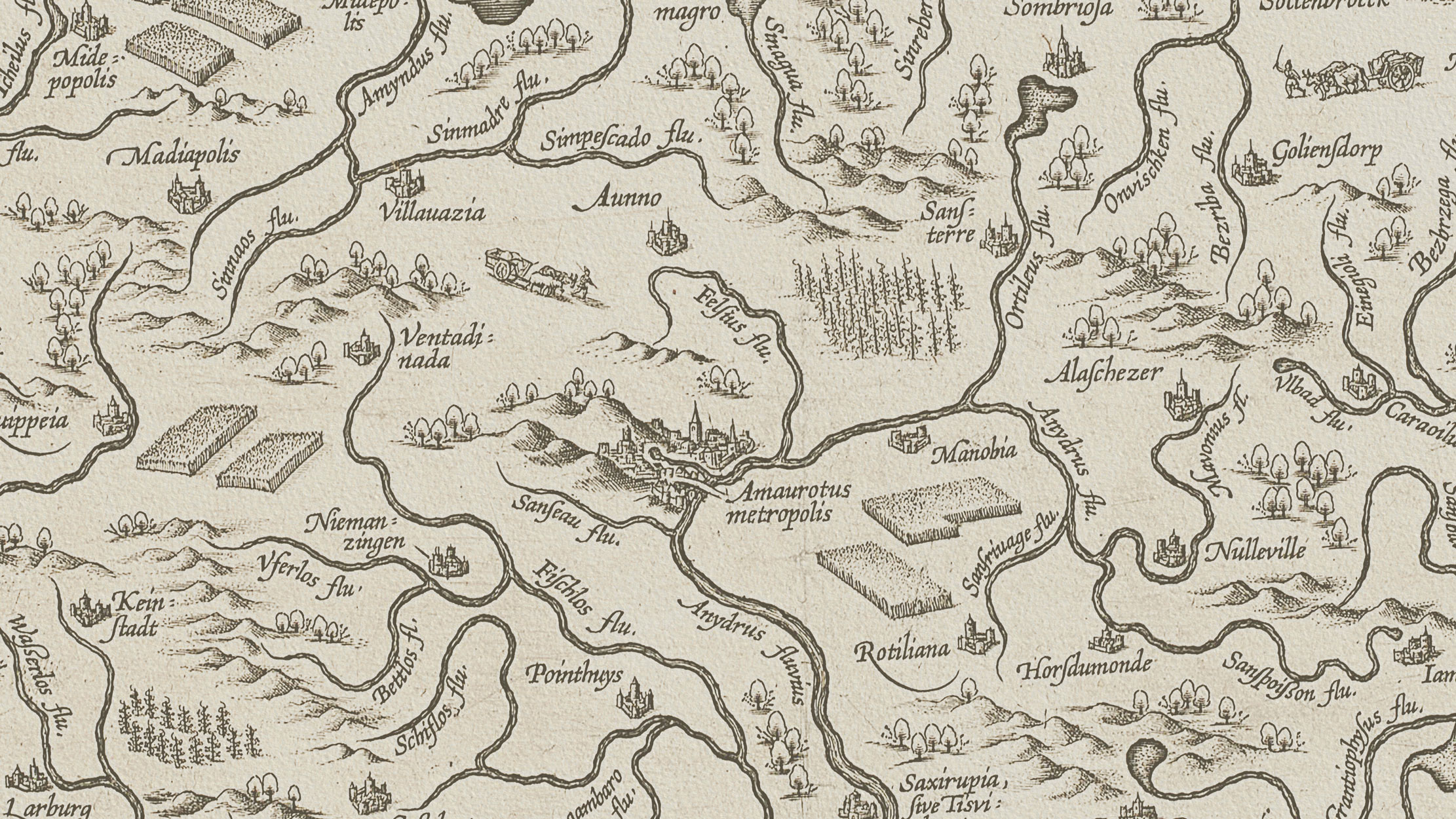 Side-by-side comparison slider showing a central detail of Ortelius' Map of Utopia before digital watercolour recolouring in Adobe Photoshop.