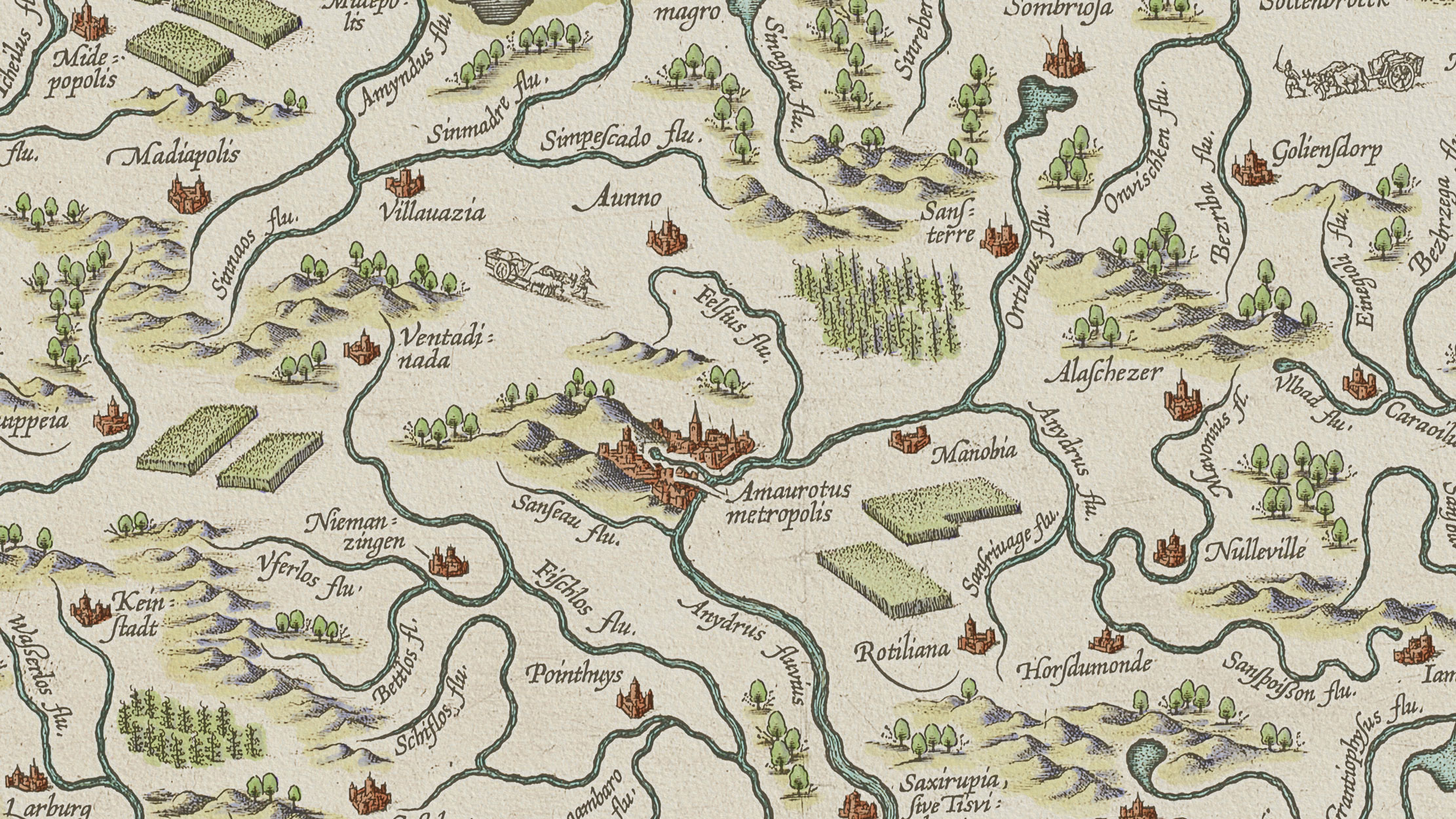 Side-by-side comparison slider showing a central detail of Ortelius' Map of Utopia after digital watercolour recolouring in Adobe Photoshop.