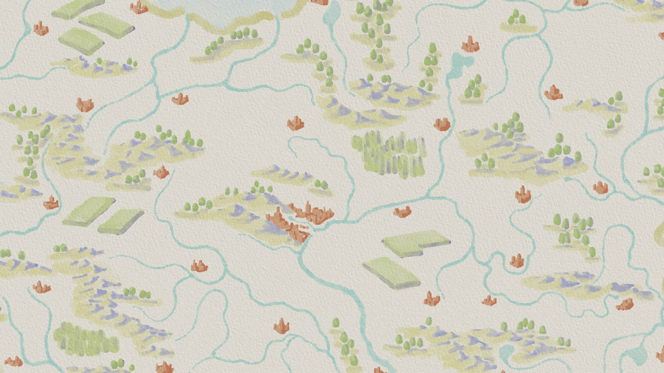 Digital watercolour layers of the recoloured Ortelius Map of Utopia with the copperplate engraving hidden, revealing the full colour palette applied to each feature: terracotta red for cities, yellow-green with purple shadows for crops, deep green with purple shadows for trees, pale yellow and blue for mountains, and cyan for rivers, all on an aquarelle paper texture.