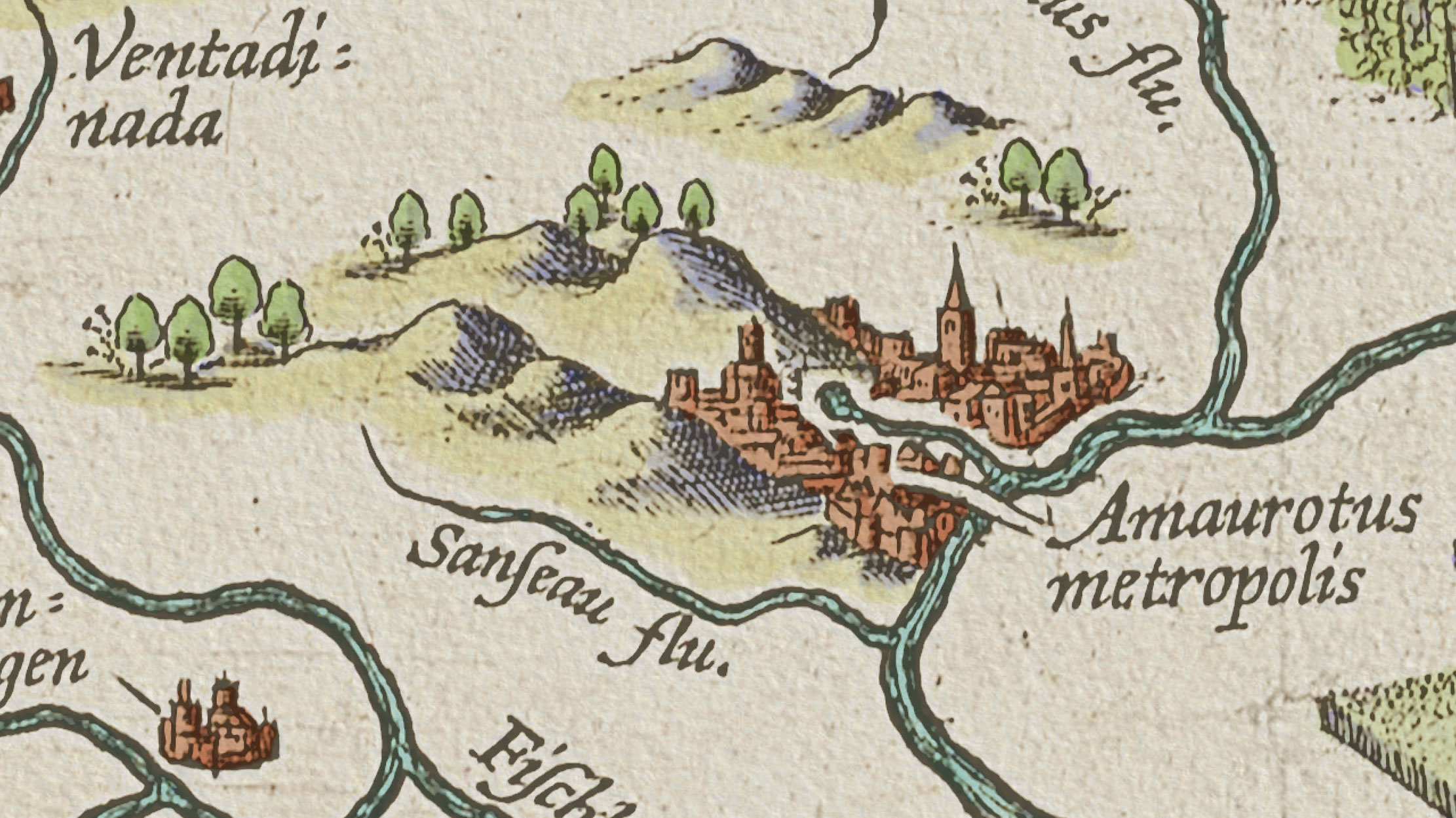 Close-up of Amaurotus metropolis, the capital city on Ortelius' Map of Utopia, showing the two-tone red watercolour colouring applied to its sunny and shaded sides.