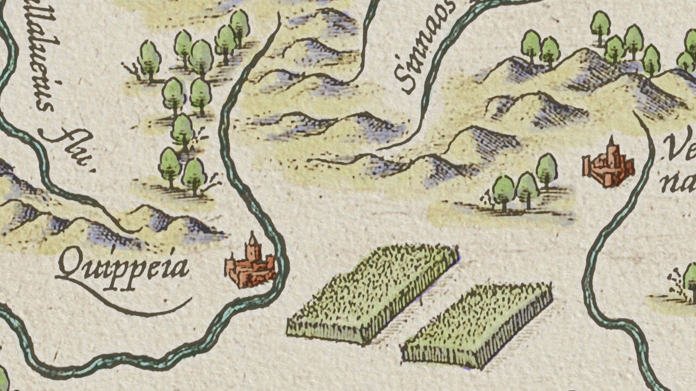 Detail of digitally recoloured crops and trees on Ortelius' Map of Utopia, demonstrating the use of complementary colour pairs — yellow-green with purple shadows for crops, and deep green with purple shadows for trees.