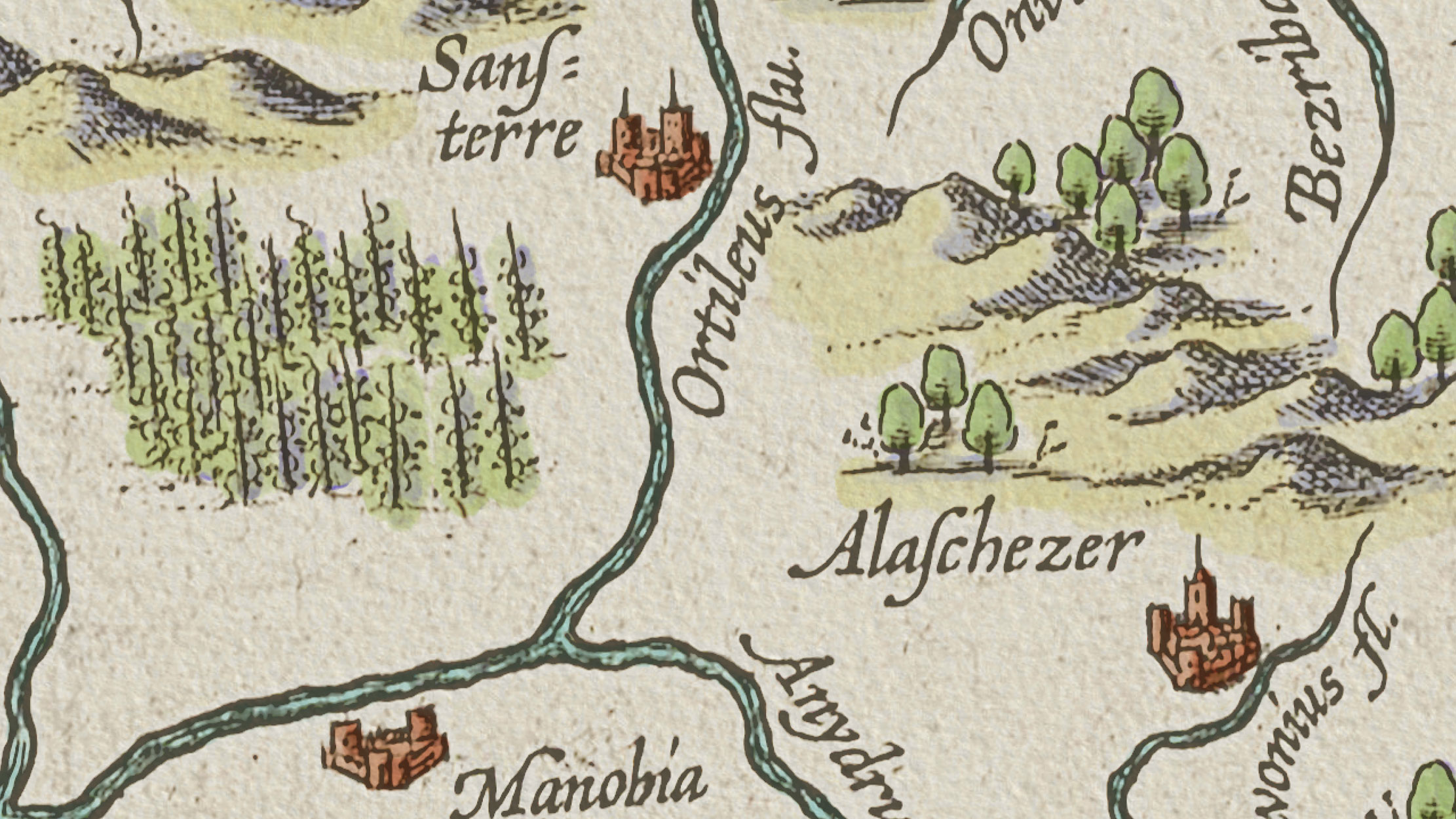Close-up of vineyard-like plants, trees, and the Ortileus river on the recoloured Ortelius Map of Utopia, showing complementary green and purple watercolour colouring and the cartographer's self-referencing river name.