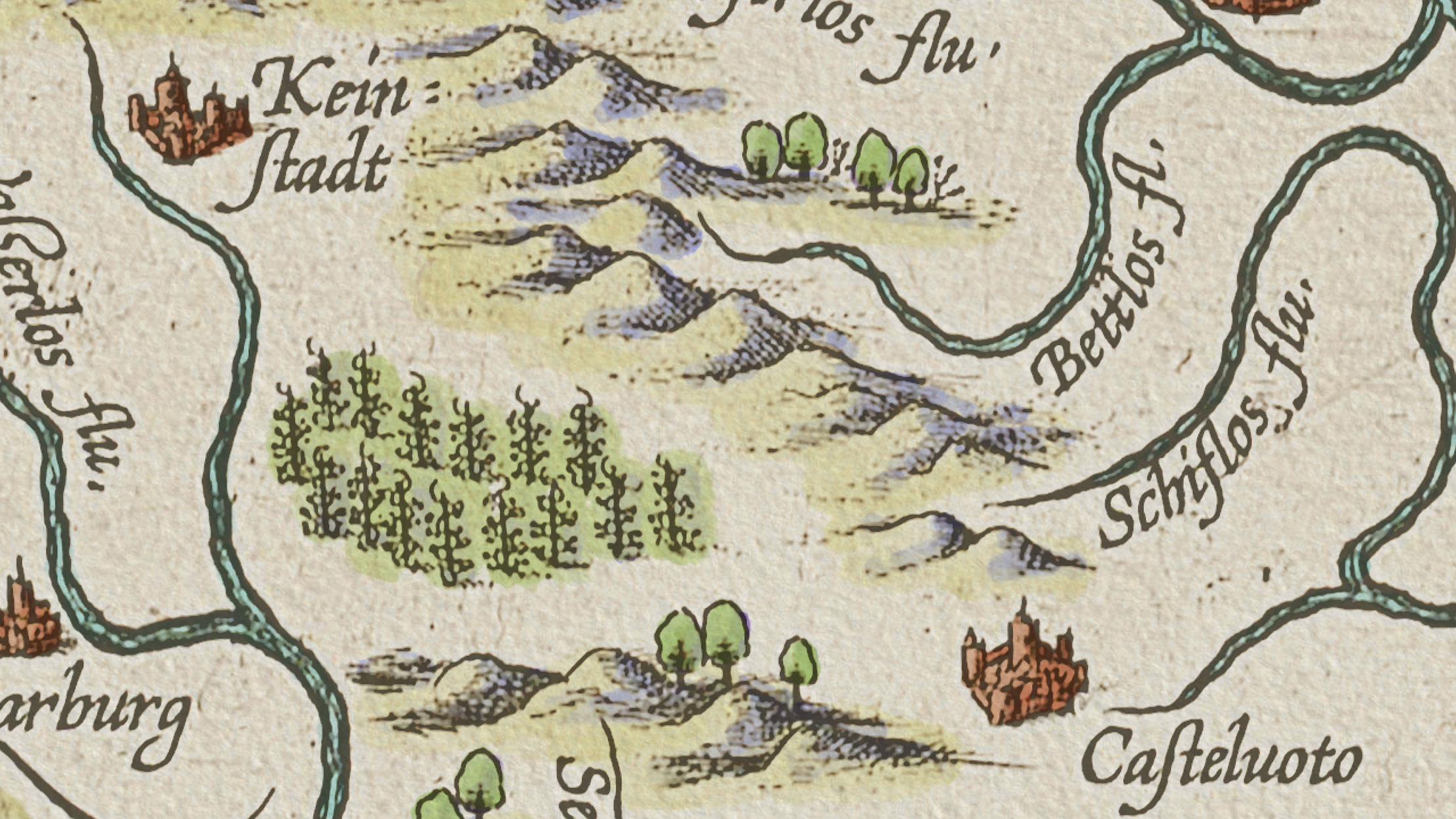 Detail of a mountain range on the digitally recoloured Ortelius Map of Utopia, showing the complementary yellow and blue colouring of sunny and shaded mountain faces alongside cities, trees, crops, and rivers.