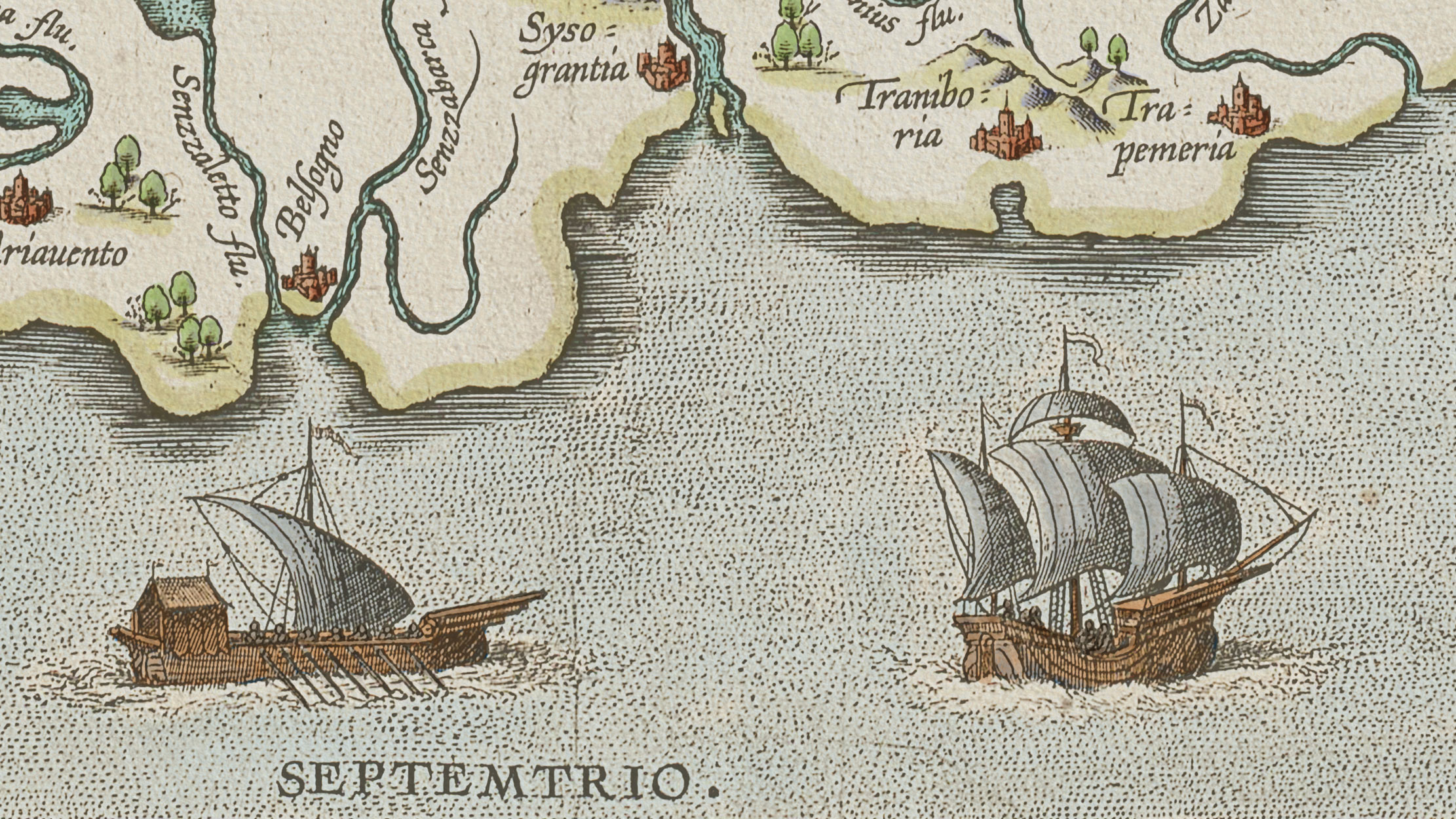 Close-up of the coastline on the recoloured Ortelius Map of Utopia, showing the yellow coast vignette, the stippled sea coloured in near-grey desaturated cyan, cities, trees, and rivers.