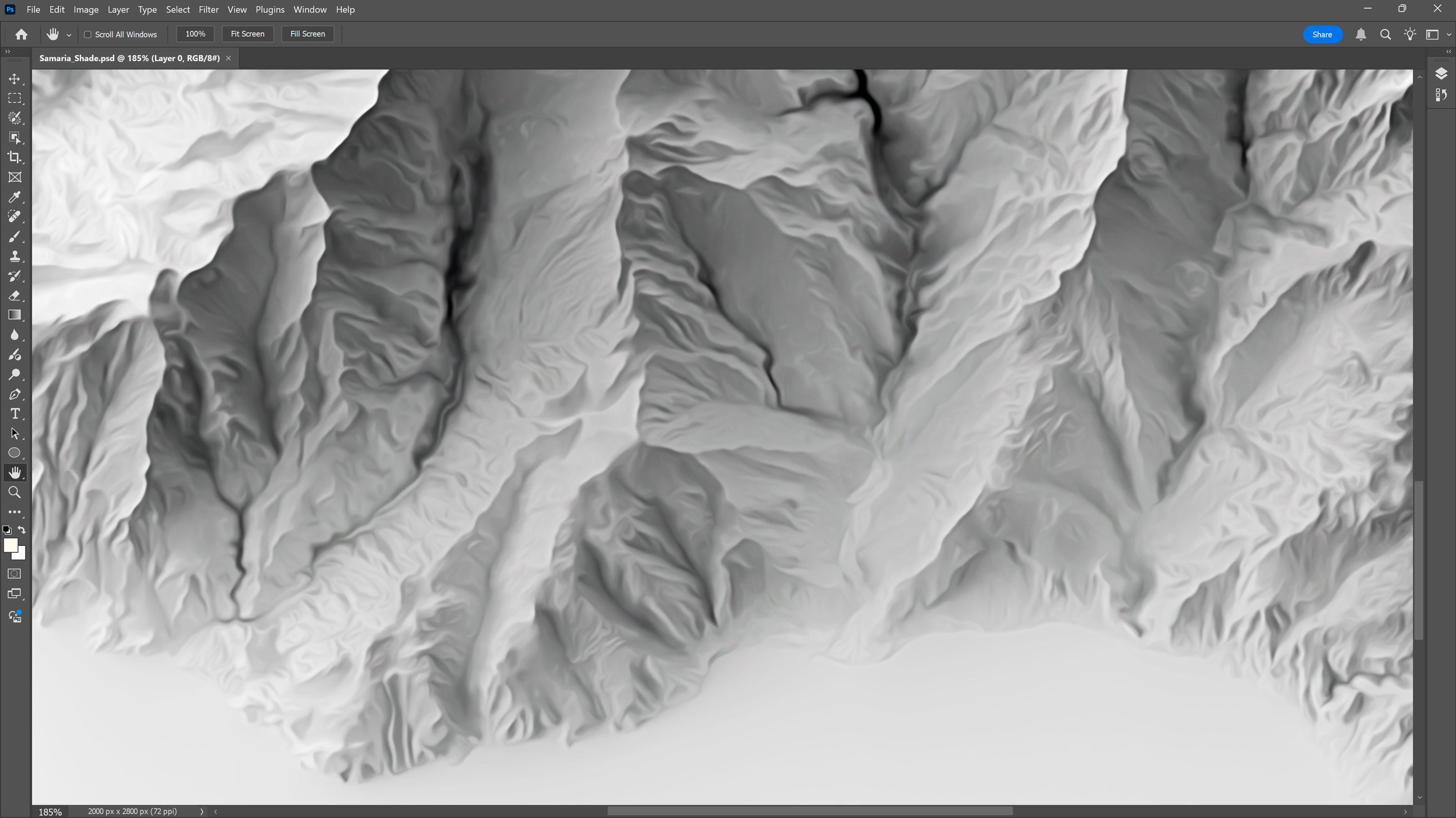 Applying image filtering techniques in Adobe Photoshop to the terrain relief to enhance readability and visual depth.