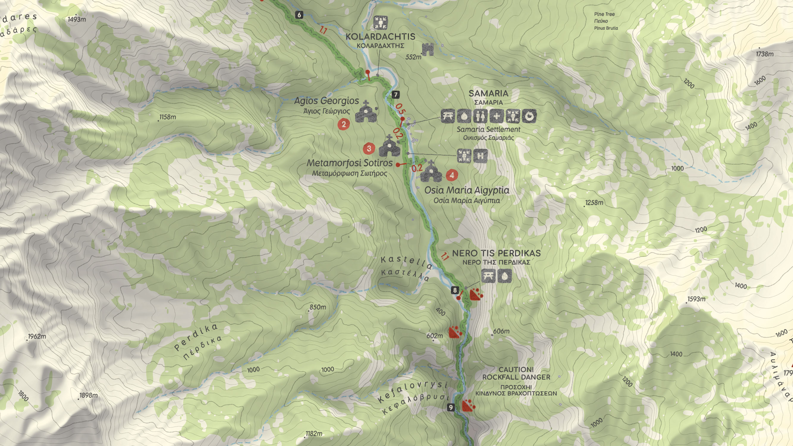 Detailed section of the gorge trail map, clearly marking hazardous rockfall locations, springs, and rest points.
