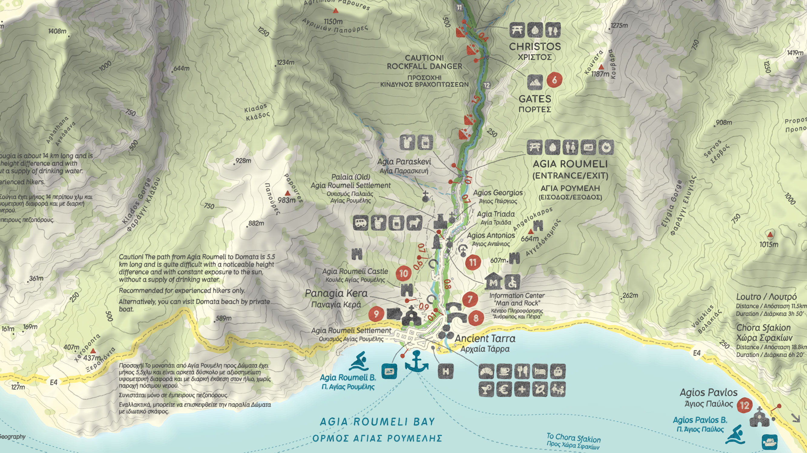 Map detail showing the coastal area of Agia Roumeli, where the gorge trail ends at the Libyan Sea, including ferry connections.